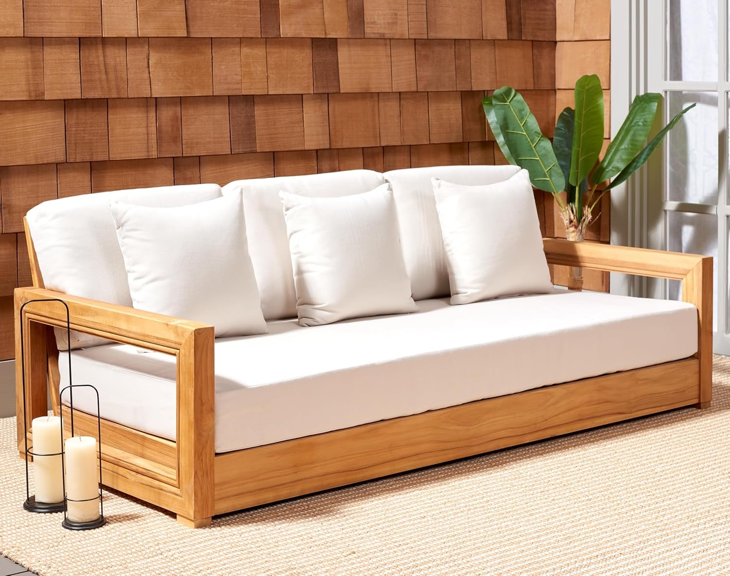 image:imageSAFAVIEH Couture Montford Brazilian Teak IndoorOutdoor SofaNatural TeakBeige