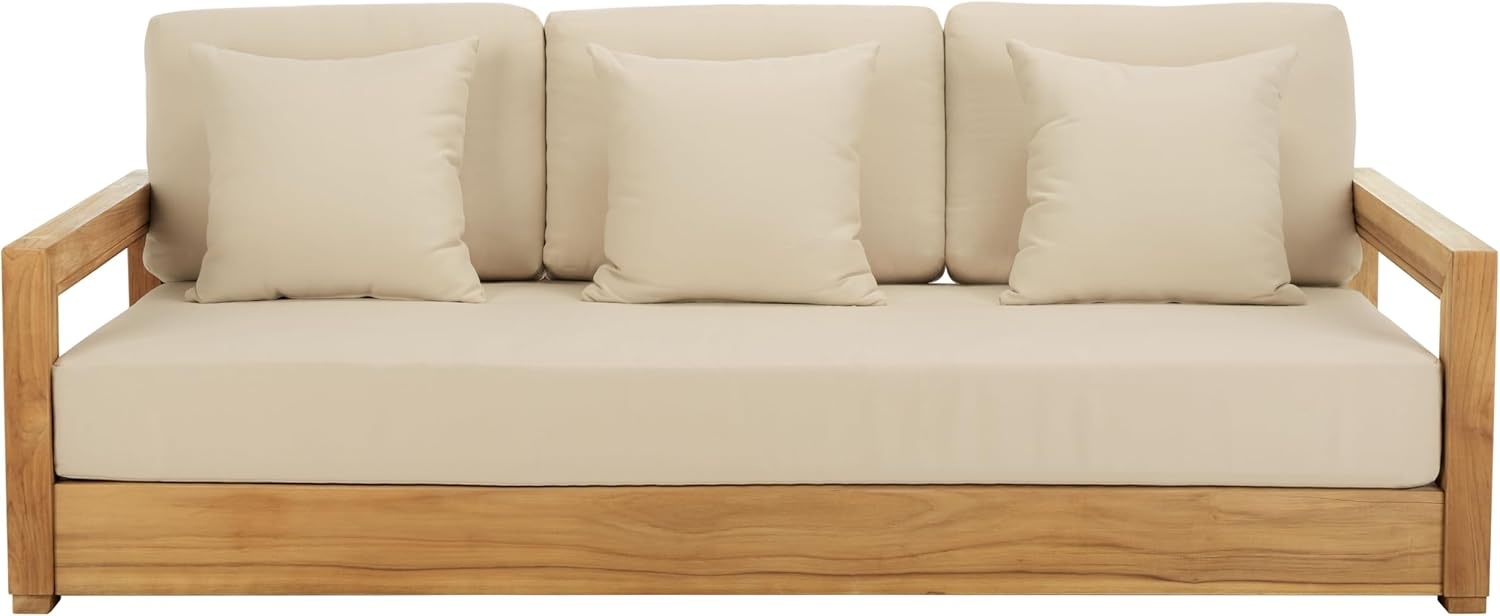 image:imageSAFAVIEH Couture Montford Brazilian Teak IndoorOutdoor SofaNatural TeakBeige