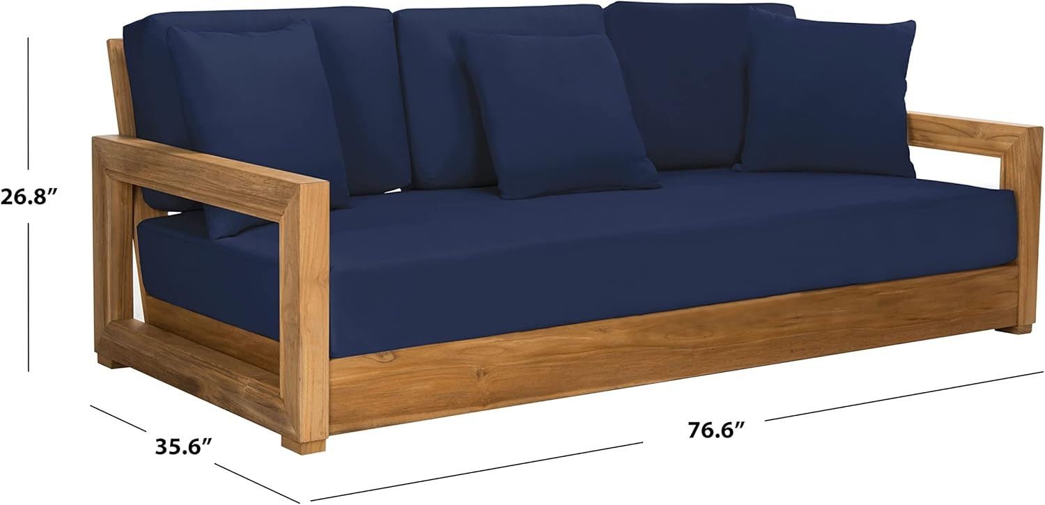 image:imageSAFAVIEH Couture Montford Brazilian Teak IndoorOutdoor SofaNavy