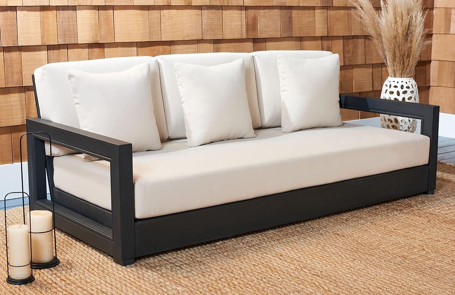 image:imageSAFAVIEH Couture Montford Brazilian Teak IndoorOutdoor SofaNavy