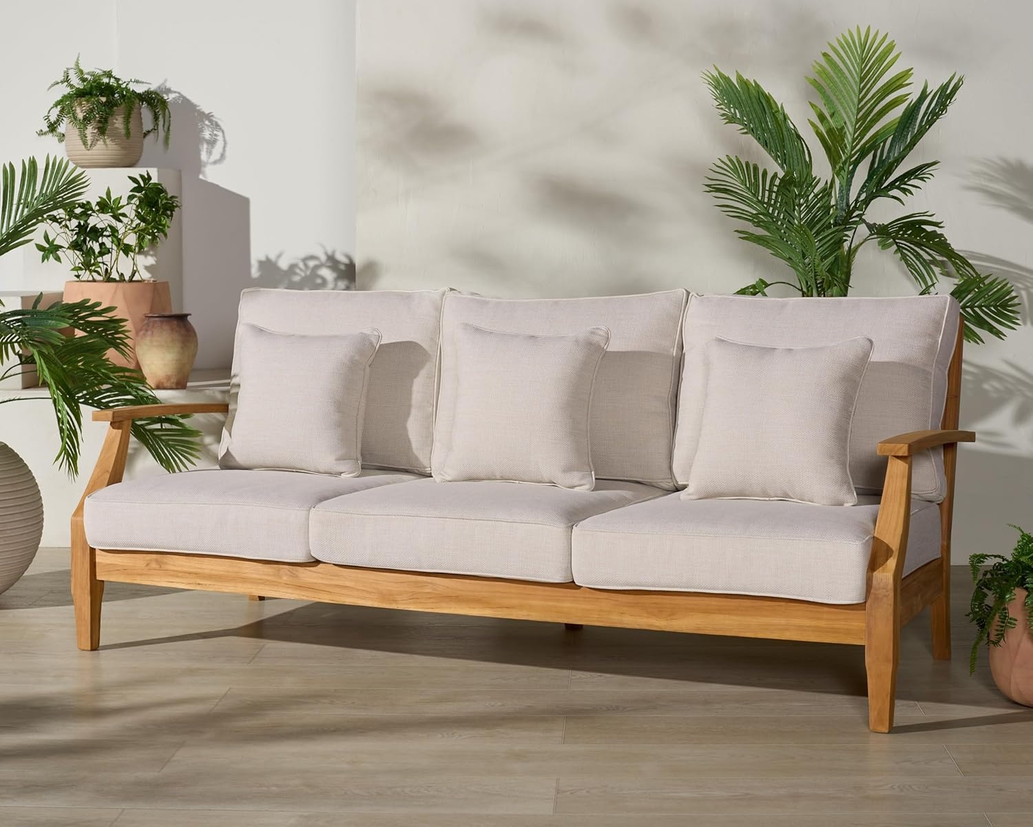 image:imageSAFAVIEH Couture Outdoor Martinique 3Seat Sofa Natural amp Navy Teak Wood Slatted Coastal Design Ideal for Patio Deck Porch Backyard 183 Seat Height CPT1013JWhiteNatural Teak