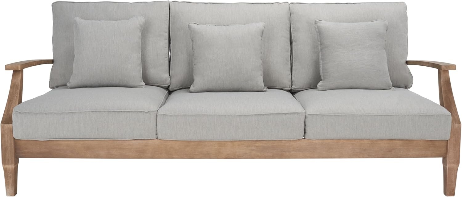 image:imageSAFAVIEH Couture Outdoor Martinique 3Seat Sofa Natural amp Navy Teak Wood Slatted Coastal Design Ideal for Patio Deck Porch Backyard 183 Seat Height CPT1013JNaturalGrey