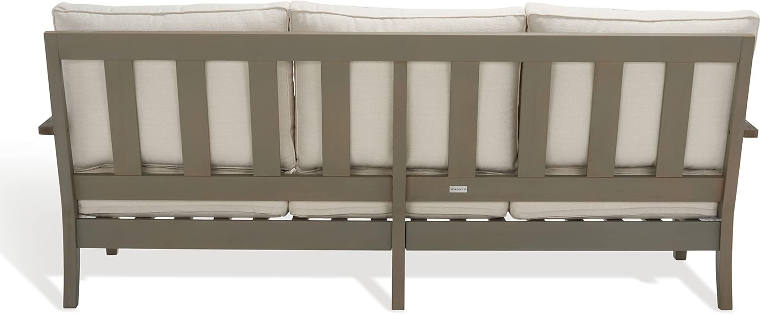 image:imageSAFAVIEH Couture Outdoor Martinique 3Seat Sofa Natural amp Navy Teak Wood Slatted Coastal Design Ideal for Patio Deck Porch Backyard 183 Seat Height CPT1013JLight GreyBeige