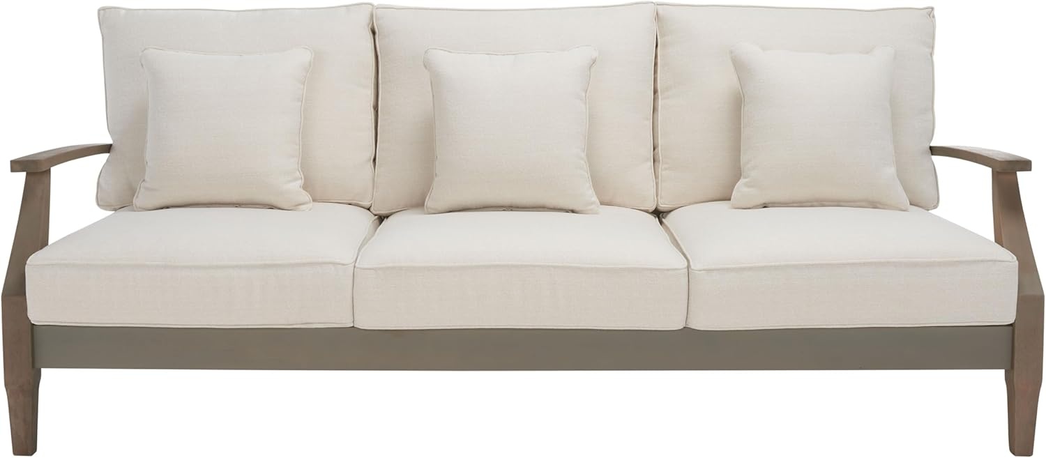 image:imageSAFAVIEH Couture Outdoor Martinique 3Seat Sofa Natural amp Navy Teak Wood Slatted Coastal Design Ideal for Patio Deck Porch Backyard 183 Seat Height CPT1013JLight GreyBeige