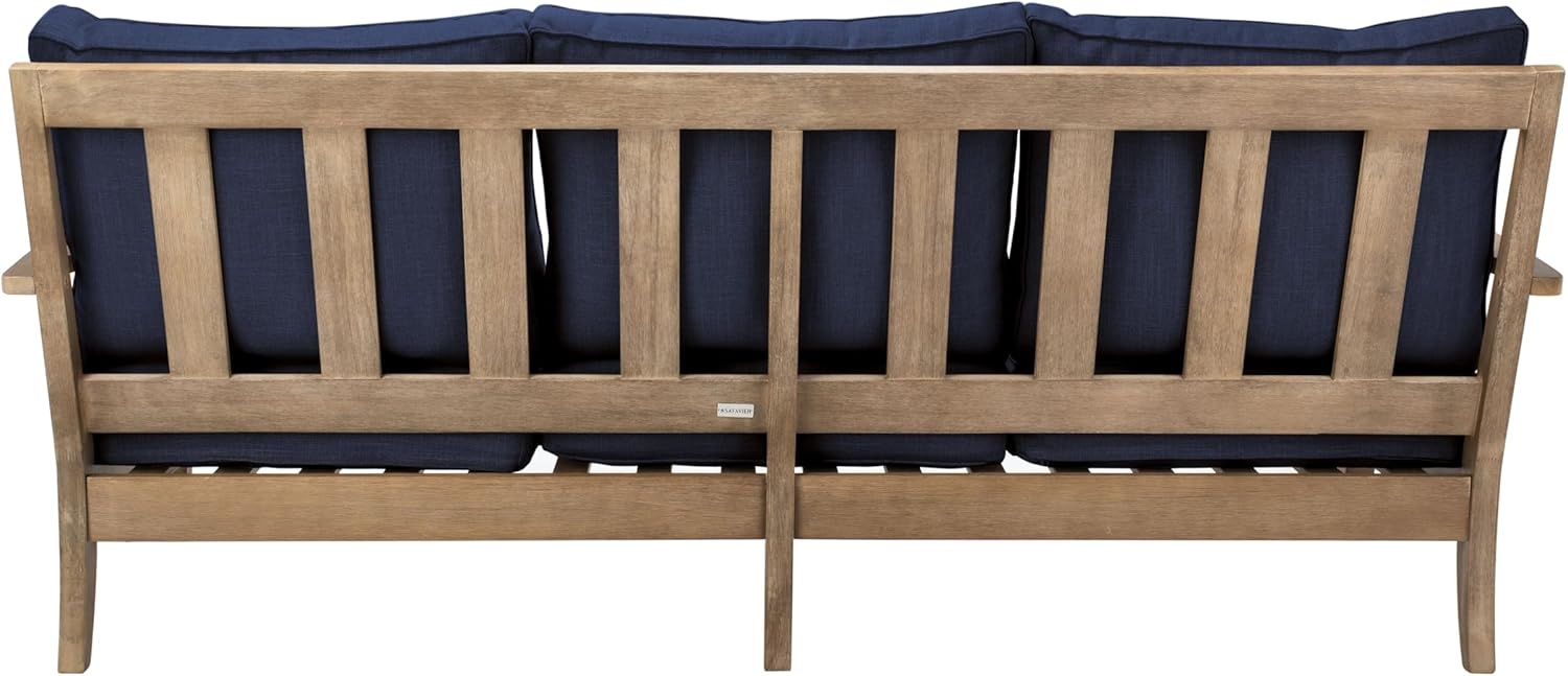 image:imageSAFAVIEH Couture Outdoor Martinique 3Seat Sofa Natural amp Navy Teak Wood Slatted Coastal Design Ideal for Patio Deck Porch Backyard 183 Seat Height CPT1013JNaturalNavy