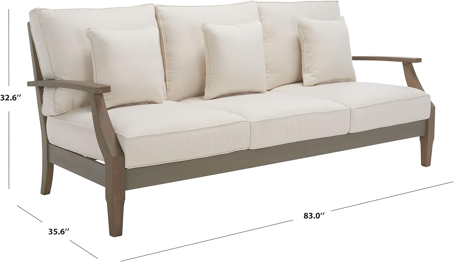 image:imageSAFAVIEH Couture Outdoor Martinique 3Seat Sofa Natural amp Navy Teak Wood Slatted Coastal Design Ideal for Patio Deck Porch Backyard 183 Seat Height CPT1013JLight GreyBeige