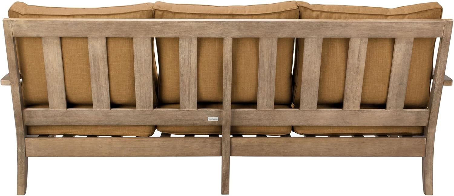 image:imageSAFAVIEH Couture Outdoor Martinique 3Seat Sofa Natural amp Navy Teak Wood Slatted Coastal Design Ideal for Patio Deck Porch Backyard 183 Seat Height CPT1013JNaturalBrown