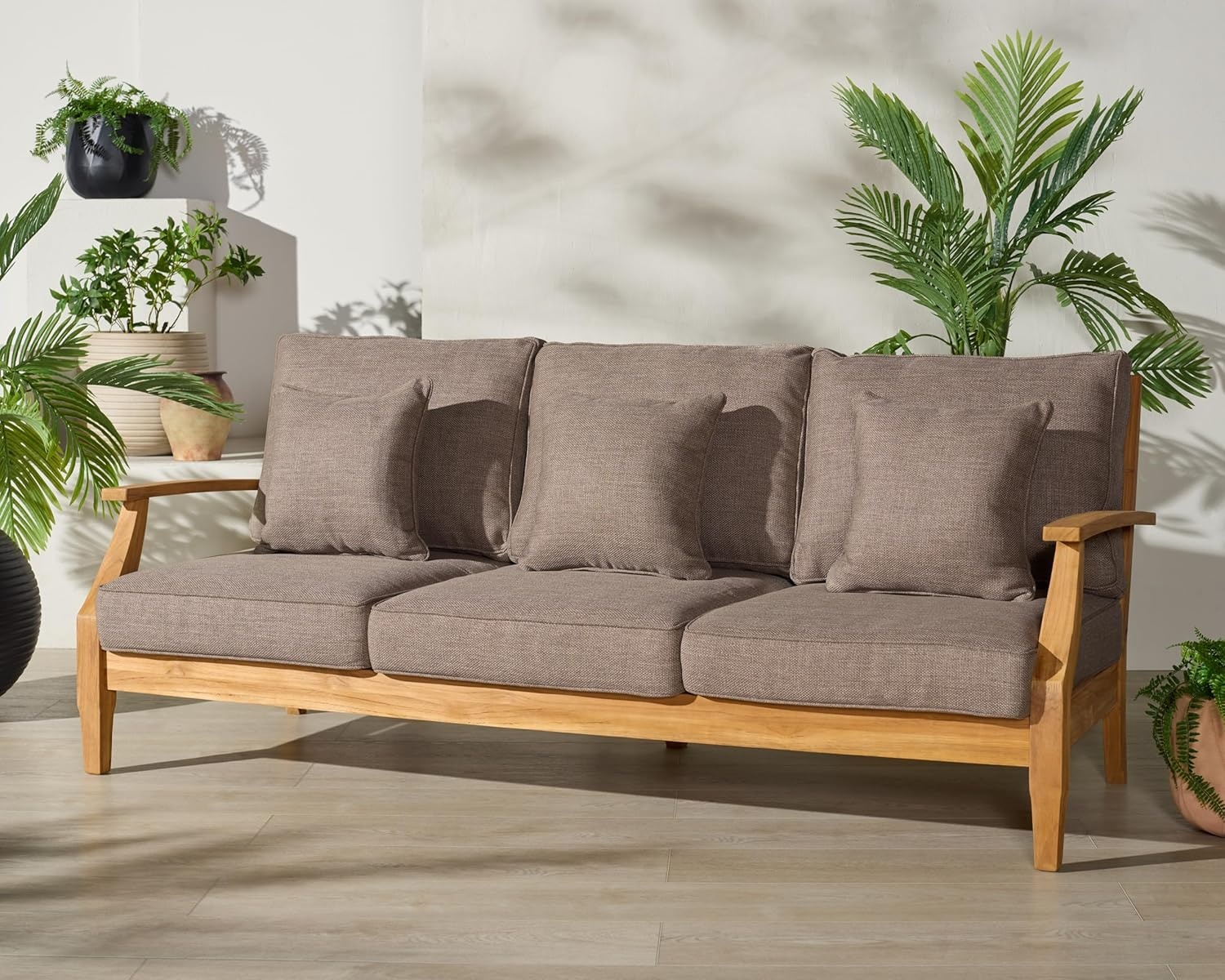 image:imageSAFAVIEH Couture Outdoor Martinique 3Seat Sofa Natural amp Navy Teak Wood Slatted Coastal Design Ideal for Patio Deck Porch Backyard 183 Seat Height CPT1013JNatural TeakTaupe