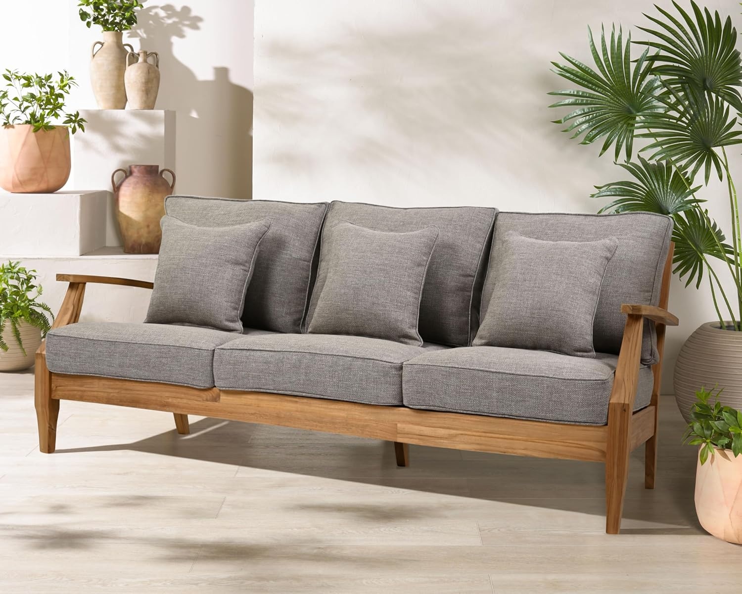 image:imageSAFAVIEH Couture Outdoor Martinique 3Seat Sofa Natural amp Navy Teak Wood Slatted Coastal Design Ideal for Patio Deck Porch Backyard 183 Seat Height CPT1013JNatural TeakTaupe
