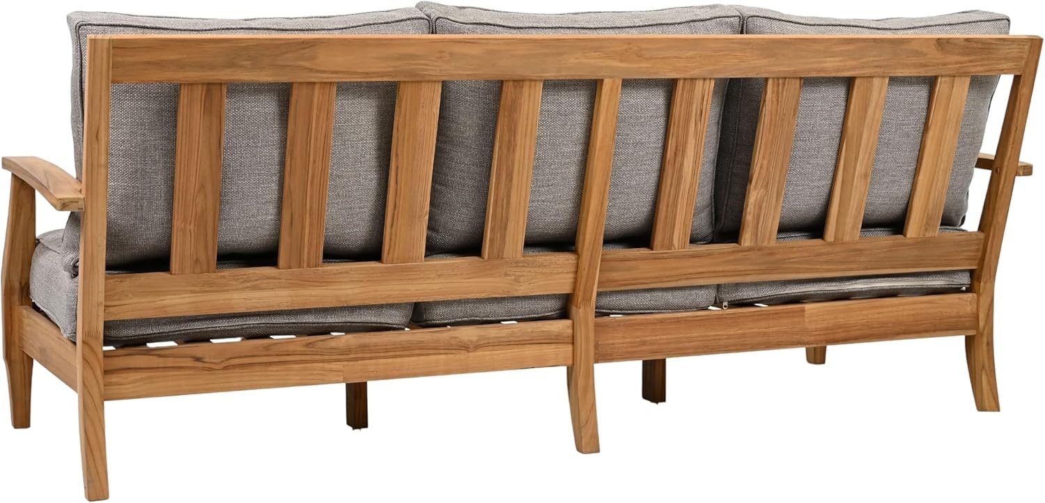 image:imageSAFAVIEH Couture Outdoor Martinique 3Seat Sofa Natural amp Navy Teak Wood Slatted Coastal Design Ideal for Patio Deck Porch Backyard 183 Seat Height CPT1013JNatural TeakTaupe