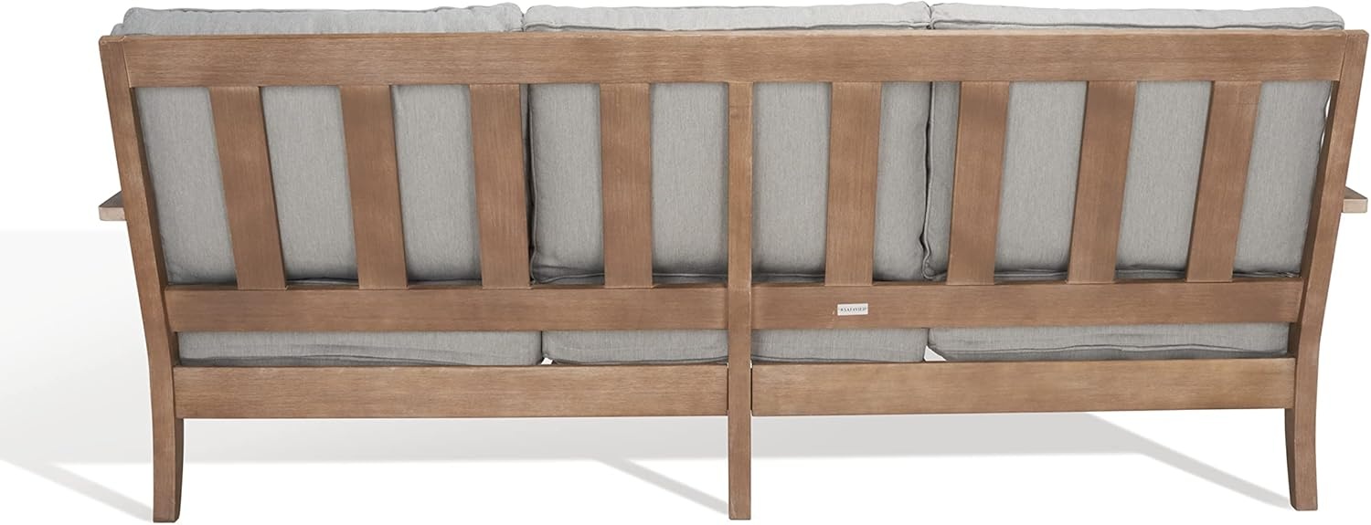 image:imageSAFAVIEH Couture Outdoor Martinique 3Seat Sofa Natural amp Navy Teak Wood Slatted Coastal Design Ideal for Patio Deck Porch Backyard 183 Seat Height CPT1013JNaturalGrey