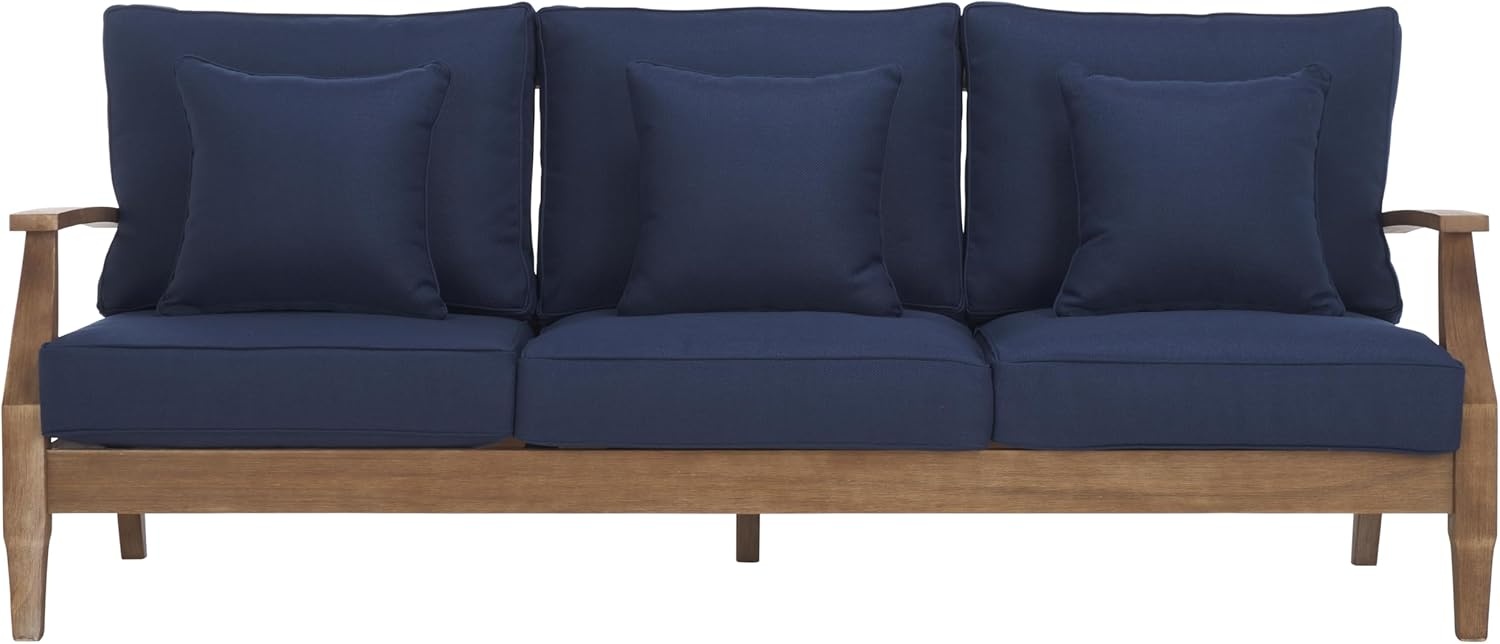 image:imageSAFAVIEH Couture Outdoor Martinique 3Seat Sofa Natural amp Navy Teak Wood Slatted Coastal Design Ideal for Patio Deck Porch Backyard 183 Seat Height CPT1013JNaturalNavy