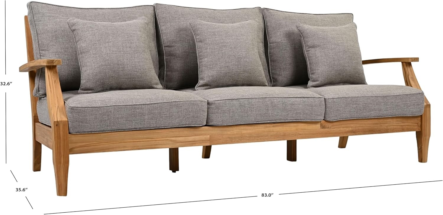 image:imageSAFAVIEH Couture Outdoor Martinique 3Seat Sofa Natural amp Navy Teak Wood Slatted Coastal Design Ideal for Patio Deck Porch Backyard 183 Seat Height CPT1013JNatural TeakTaupe