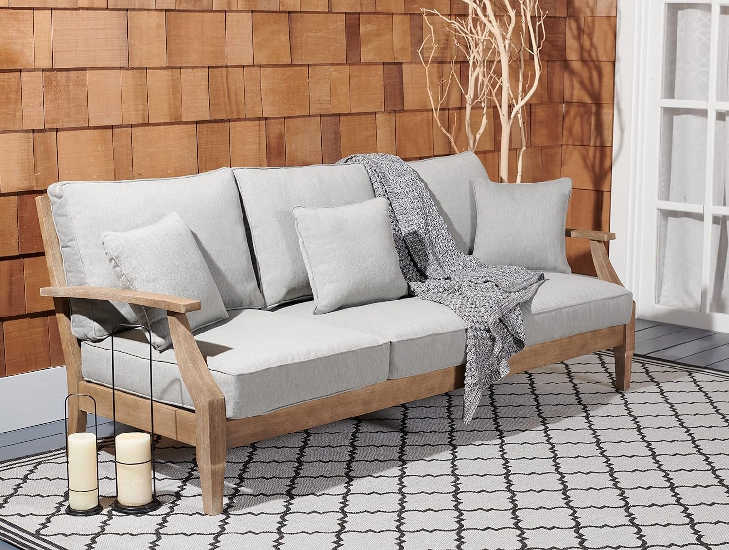 image:imageSAFAVIEH Couture Outdoor Martinique 3Seat Sofa Natural amp Navy Teak Wood Slatted Coastal Design Ideal for Patio Deck Porch Backyard 183 Seat Height CPT1013JNaturalGrey