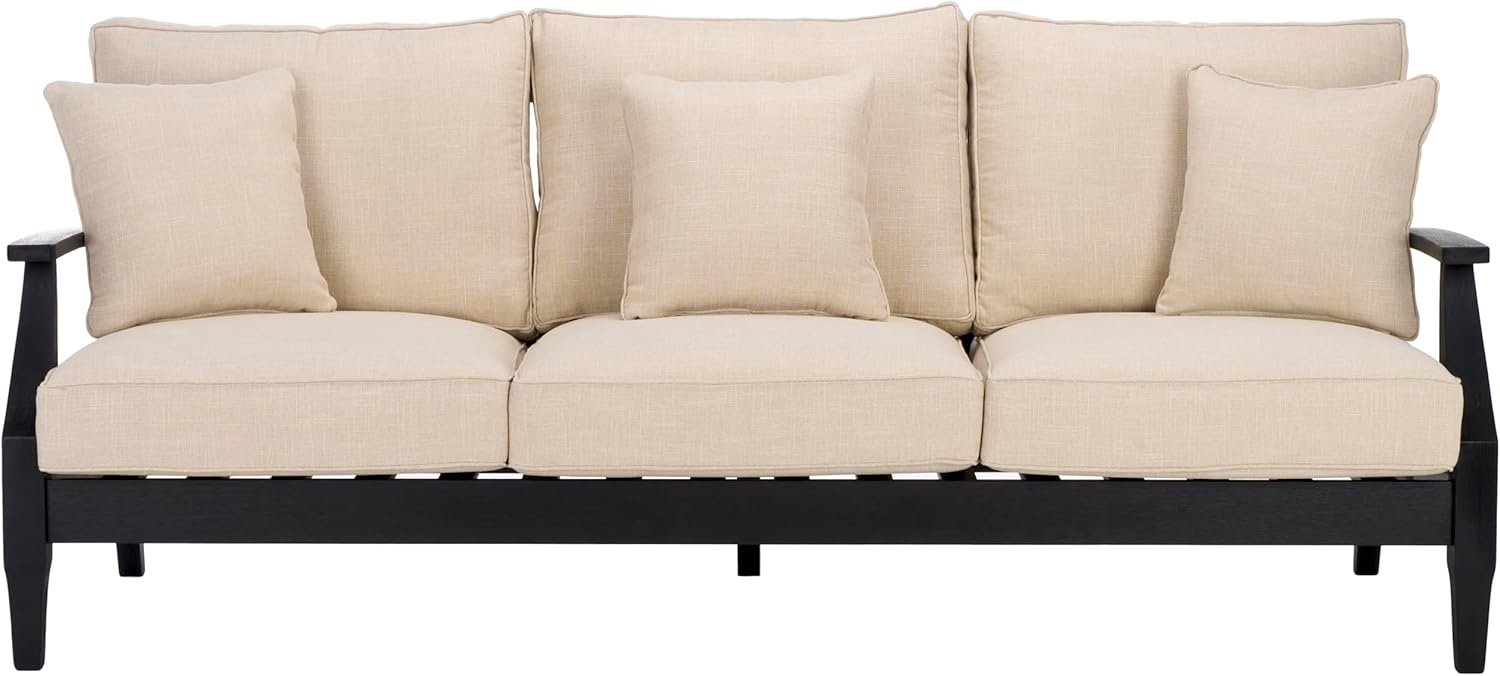 image:imageSAFAVIEH Couture Outdoor Martinique 3Seat Sofa Natural amp Navy Teak Wood Slatted Coastal Design Ideal for Patio Deck Porch Backyard 183 Seat Height CPT1013JBlack