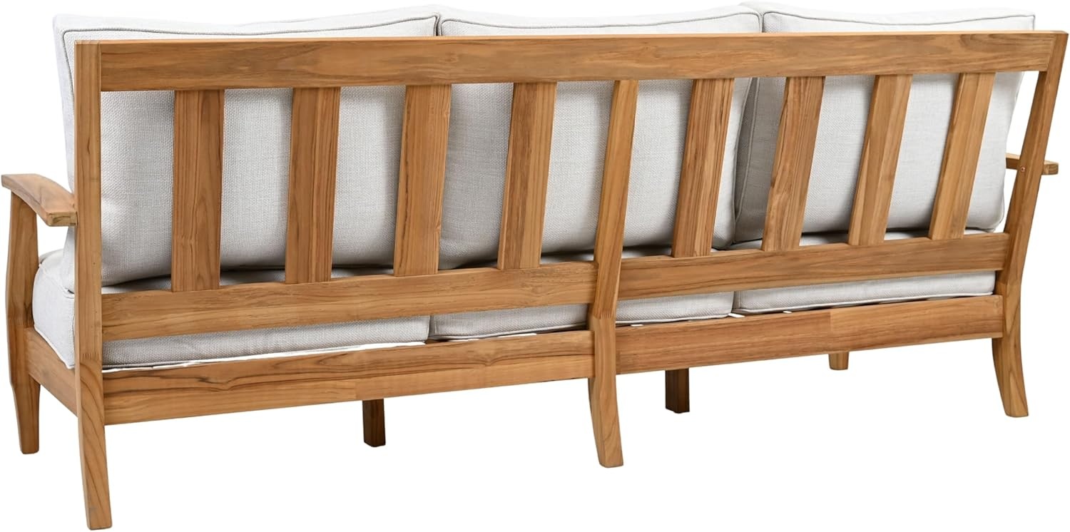 image:imageSAFAVIEH Couture Outdoor Martinique 3Seat Sofa Natural amp Navy Teak Wood Slatted Coastal Design Ideal for Patio Deck Porch Backyard 183 Seat Height CPT1013JWhiteNatural Teak