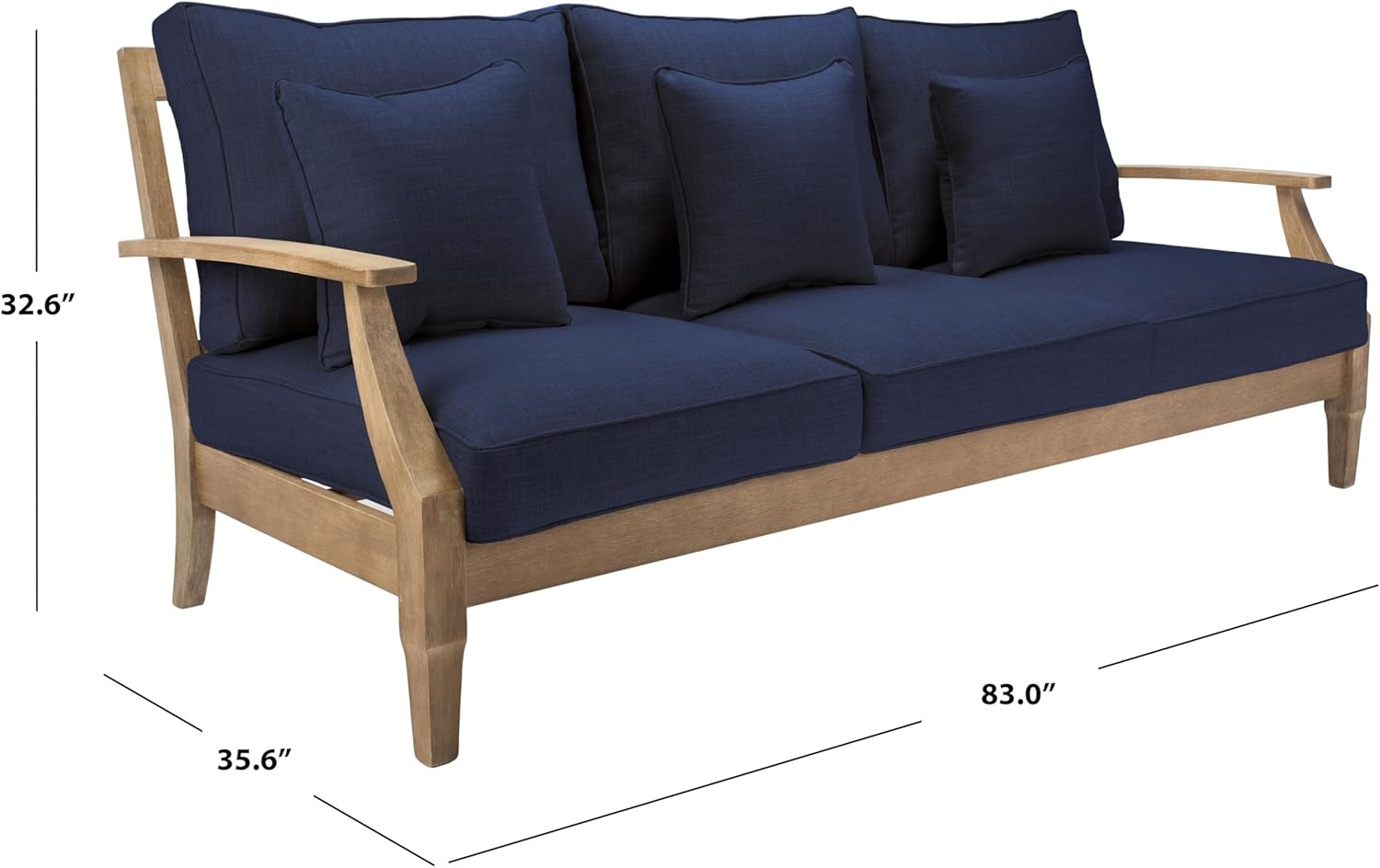 image:imageSAFAVIEH Couture Outdoor Martinique 3Seat Sofa Natural amp Navy Teak Wood Slatted Coastal Design Ideal for Patio Deck Porch Backyard 183 Seat Height CPT1013JNaturalNavy