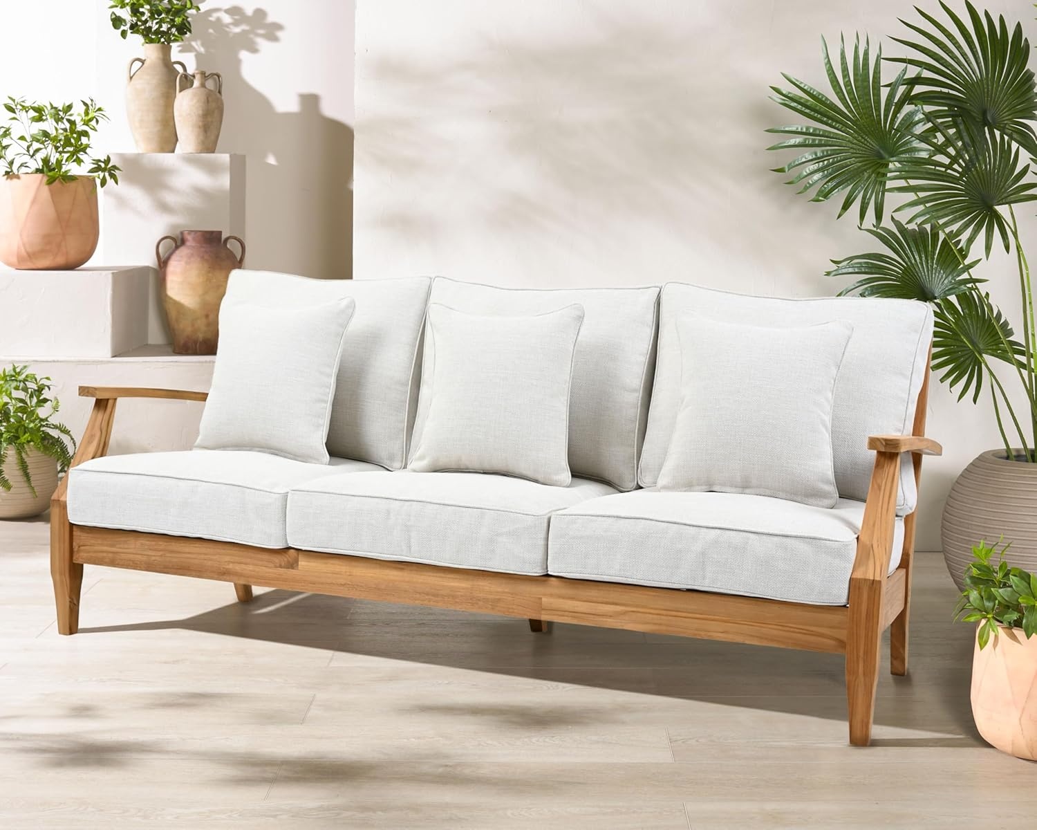 image:imageSAFAVIEH Couture Outdoor Martinique 3Seat Sofa Natural amp Navy Teak Wood Slatted Coastal Design Ideal for Patio Deck Porch Backyard 183 Seat Height CPT1013JWhiteNatural Teak