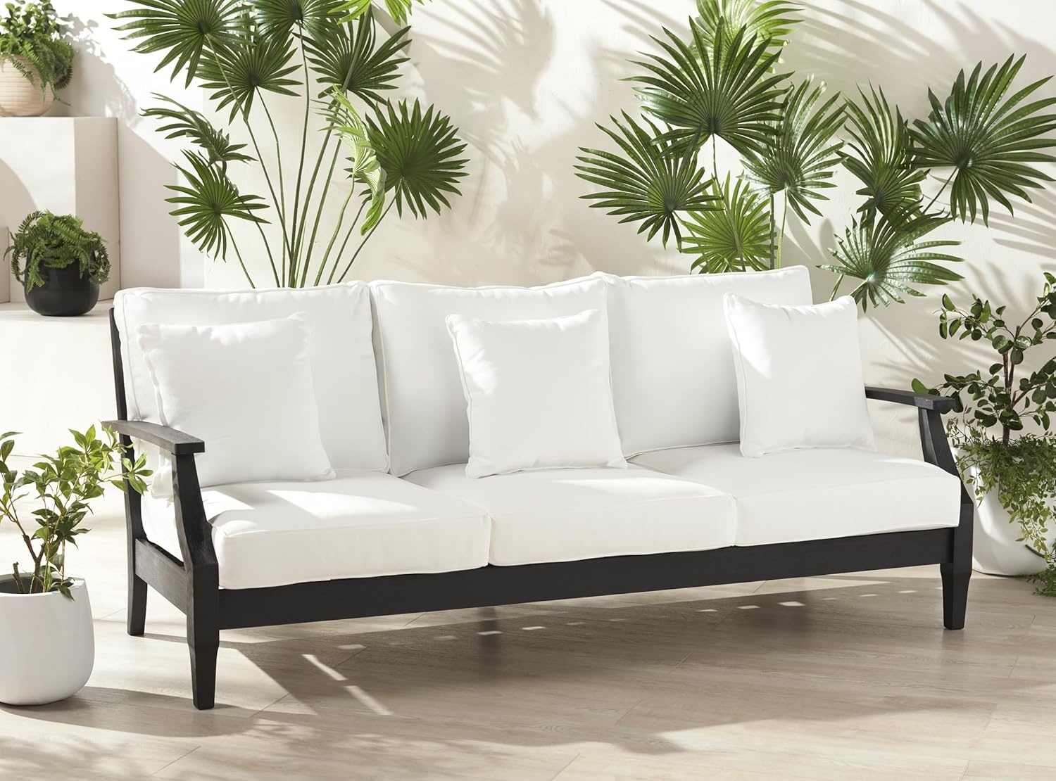 image:imageSAFAVIEH Couture Outdoor Martinique 3Seat Sofa Natural amp Navy Teak Wood Slatted Coastal Design Ideal for Patio Deck Porch Backyard 183 Seat Height CPT1013JBlack