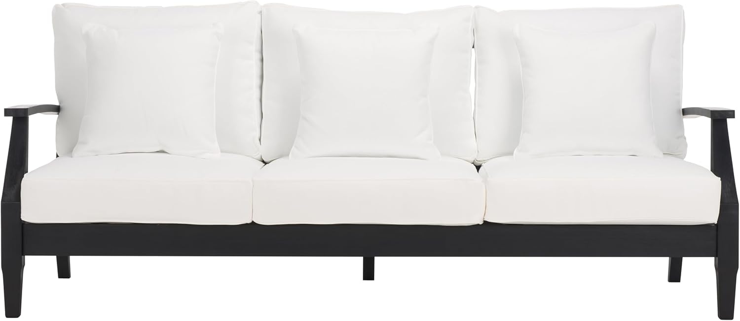 image:imageSAFAVIEH Couture Outdoor Martinique 3Seat Sofa Natural amp Navy Teak Wood Slatted Coastal Design Ideal for Patio Deck Porch Backyard 183 Seat Height CPT1013JBlack