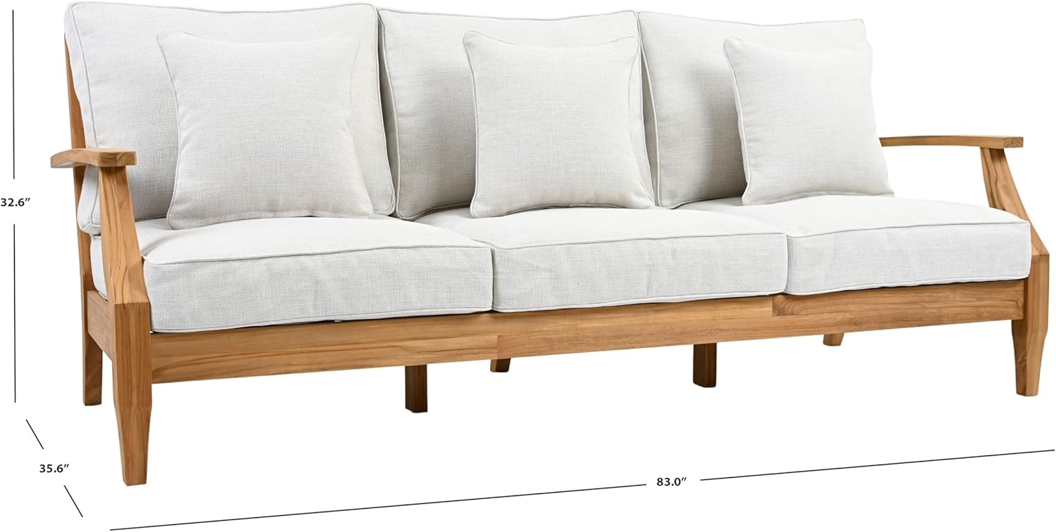 image:imageSAFAVIEH Couture Outdoor Martinique 3Seat Sofa Natural amp Navy Teak Wood Slatted Coastal Design Ideal for Patio Deck Porch Backyard 183 Seat Height CPT1013JWhiteNatural Teak