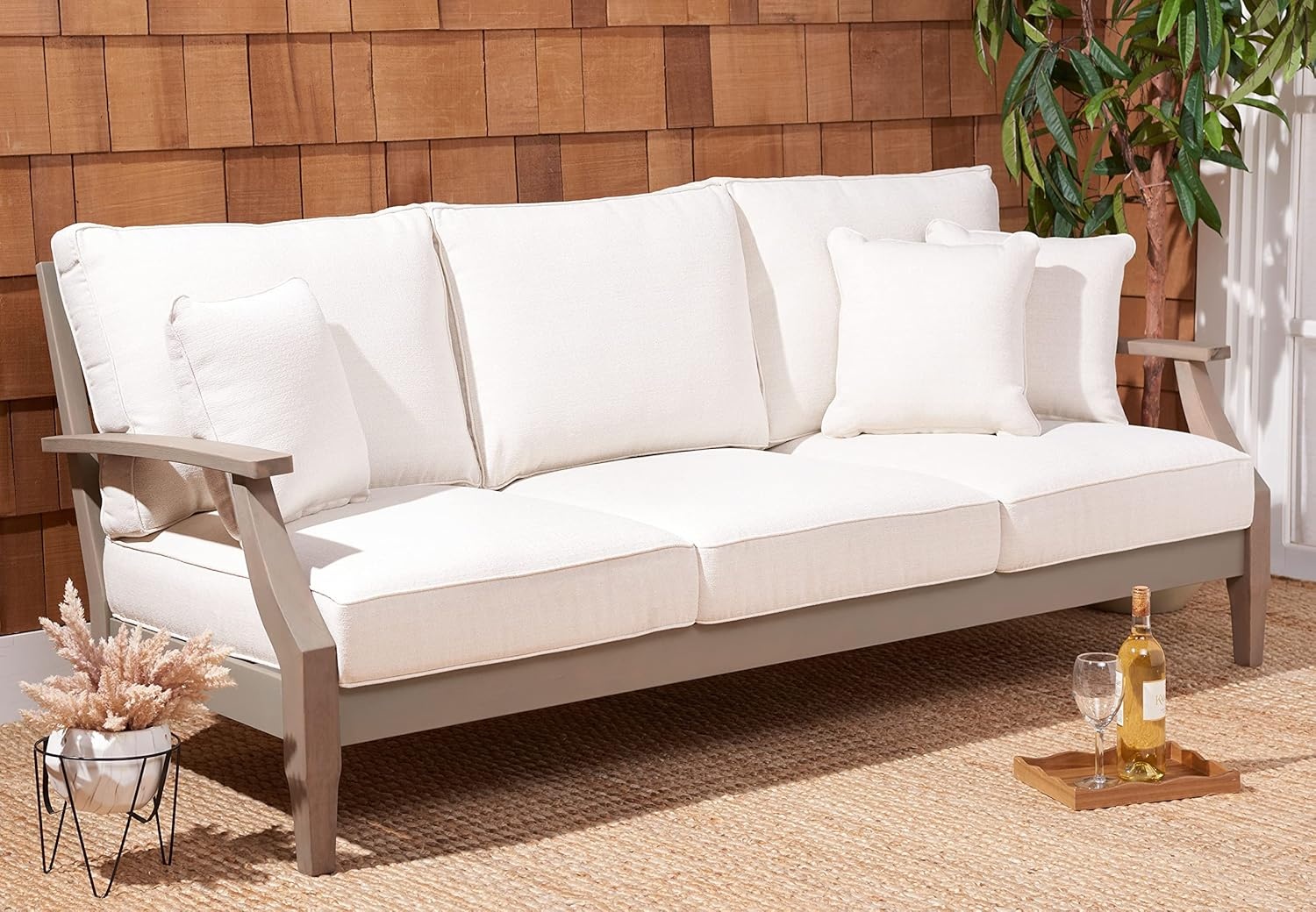 image:imageSAFAVIEH Couture Outdoor Martinique 3Seat Sofa Natural amp Navy Teak Wood Slatted Coastal Design Ideal for Patio Deck Porch Backyard 183 Seat Height CPT1013JLight GreyBeige