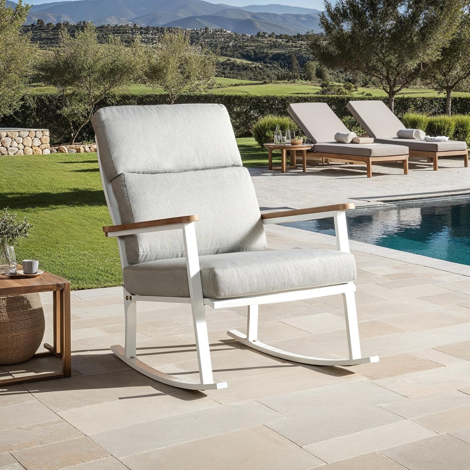 image:imageSAFAVIEH Couture Outdoor Collection Brutus WhiteNaturalLight Grey Linen Cushion Solid Wood Rocking Chair
