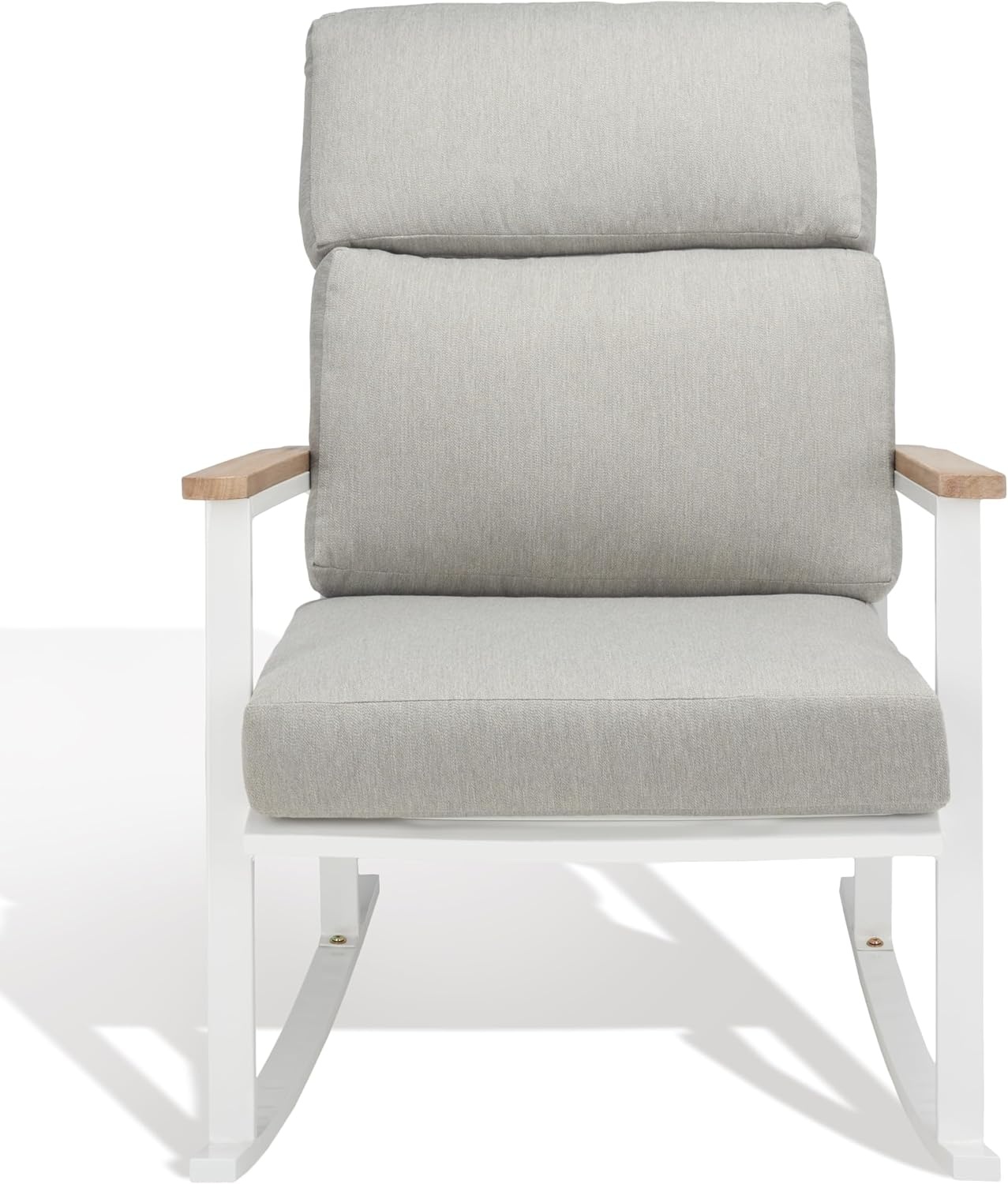 image:imageSAFAVIEH Couture Outdoor Collection Brutus WhiteNaturalLight Grey Linen Cushion Solid Wood Rocking Chair