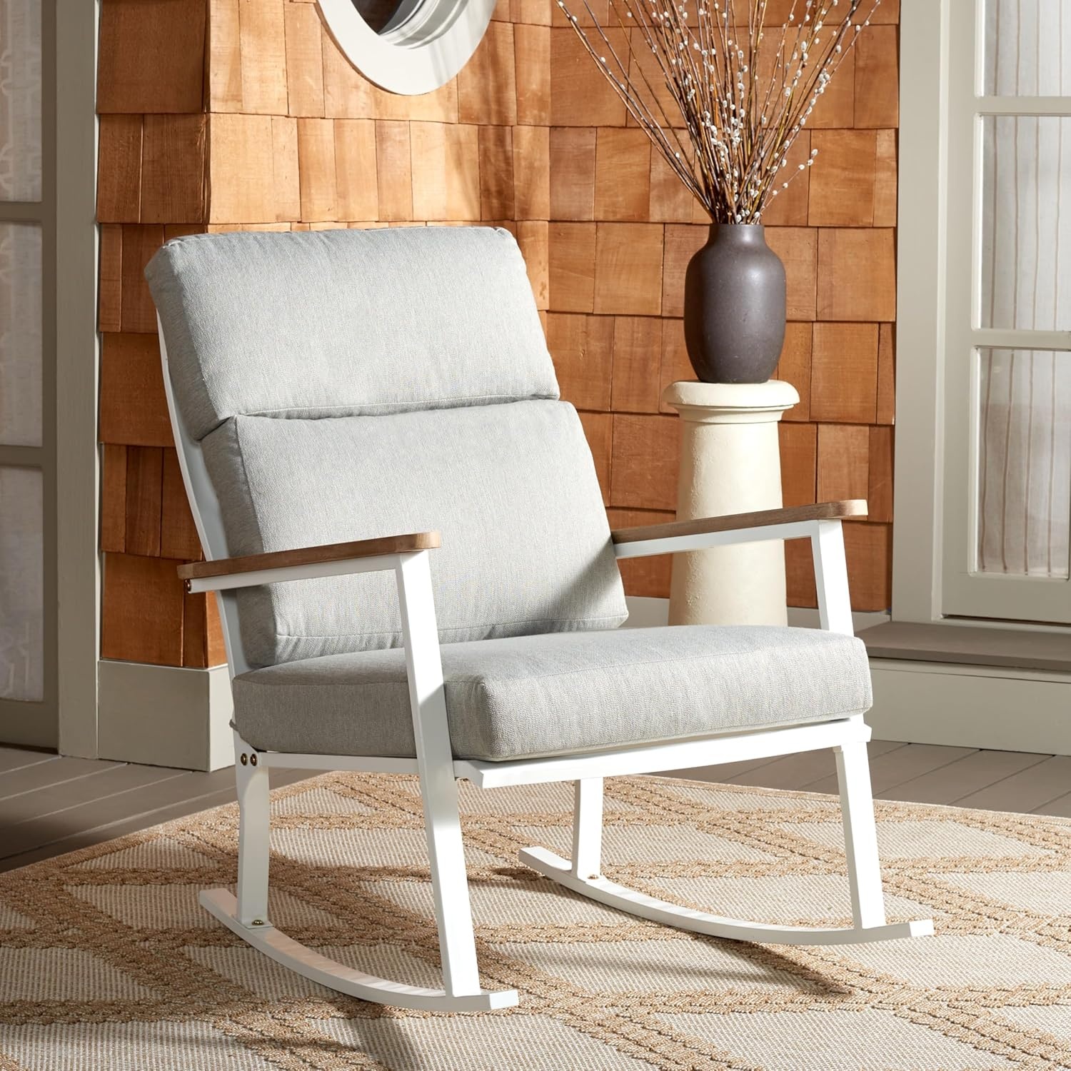 image:imageSAFAVIEH Couture Outdoor Collection Brutus WhiteNaturalLight Grey Linen Cushion Solid Wood Rocking Chair