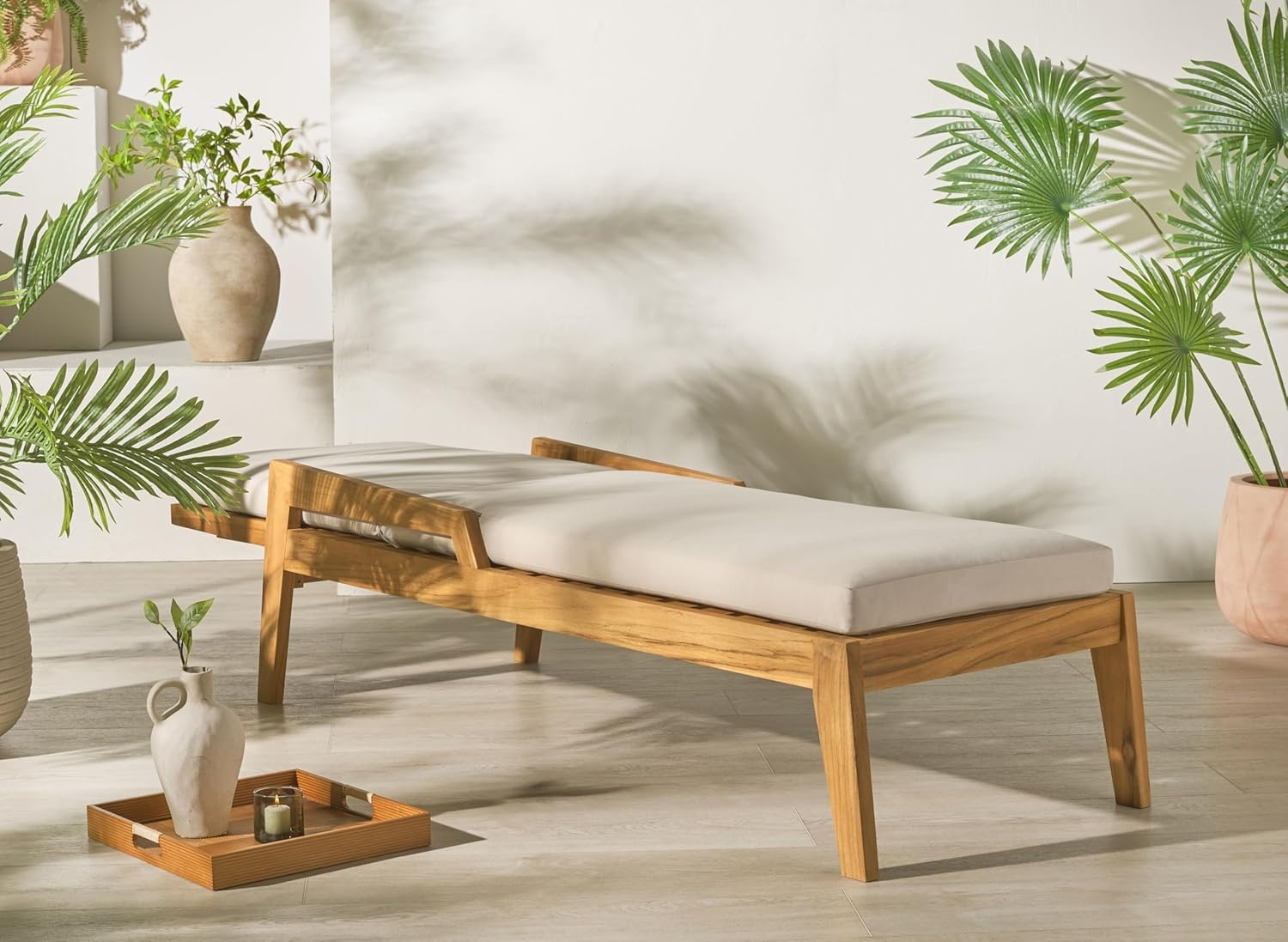 image:imageSAFAVIEH Couture Outdoor Collection Caledonia NaturalWhite Cushion Solid Teak Wood Chaise Lounge Chair