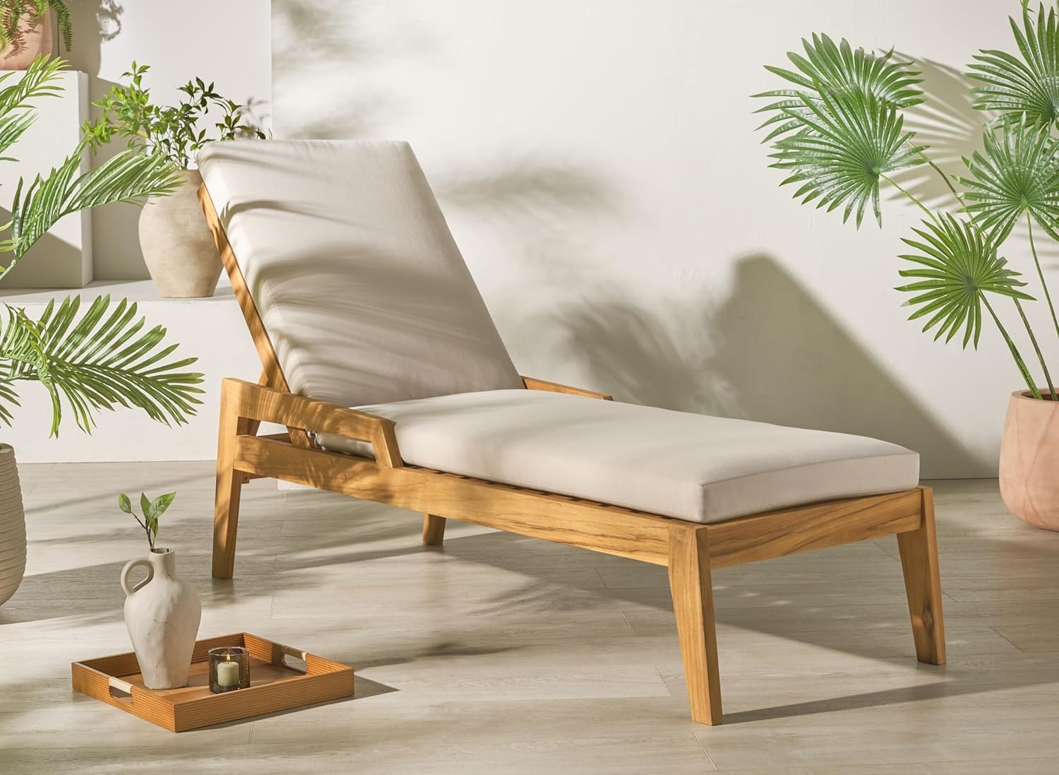 image:imageSAFAVIEH Couture Outdoor Collection Caledonia NaturalWhite Cushion Solid Teak Wood Chaise Lounge Chair