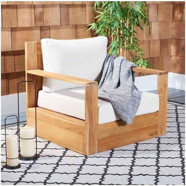 image:imageSAFAVIEH Couture Outdoor Collection Kauai NaturalDark Brown Solid Wood Patio ChairNaturalBeige