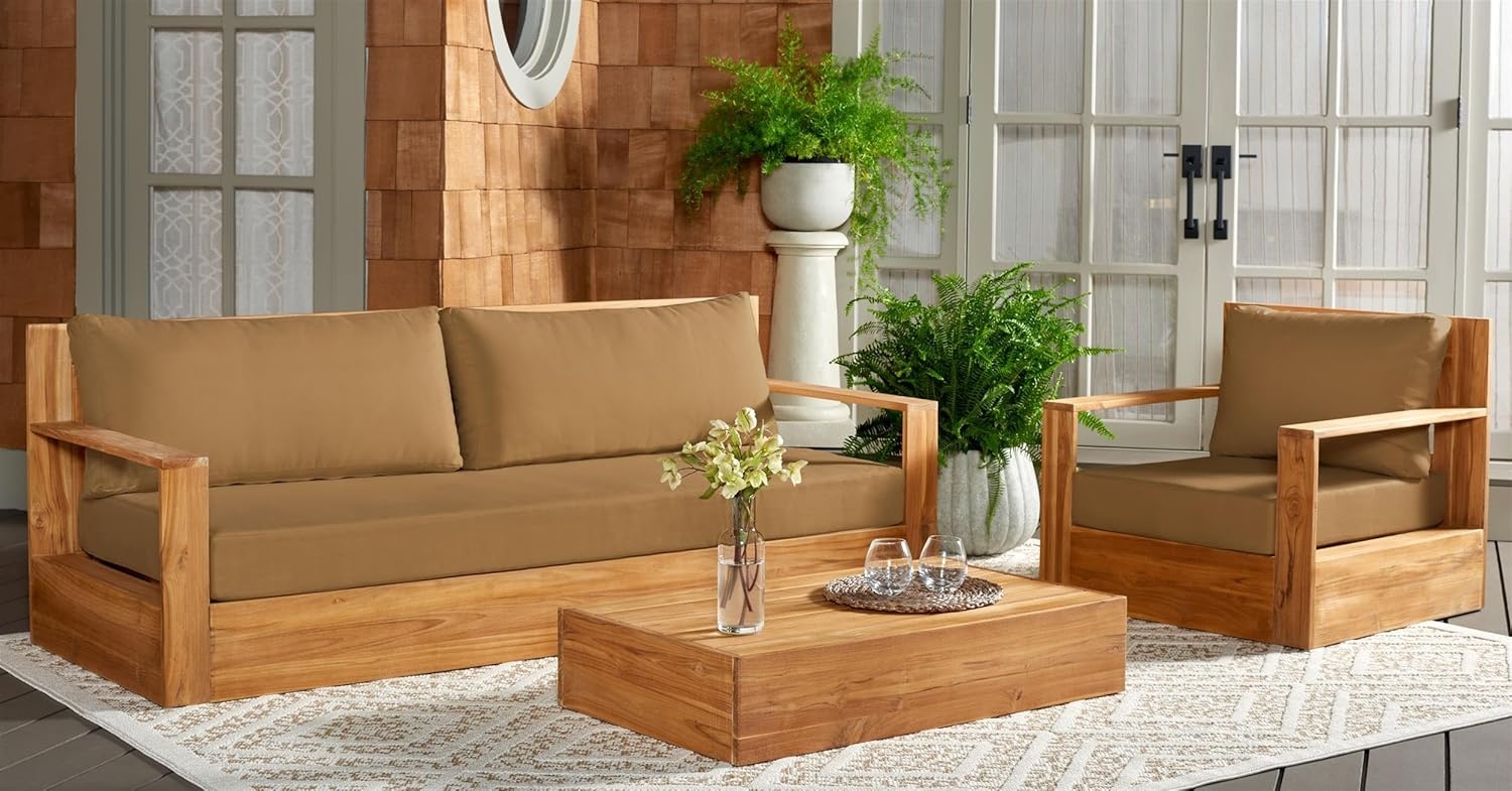 image:imageSAFAVIEH Couture Outdoor Collection Kauai NaturalDark Brown Solid Wood Patio ChairNaturalBrown