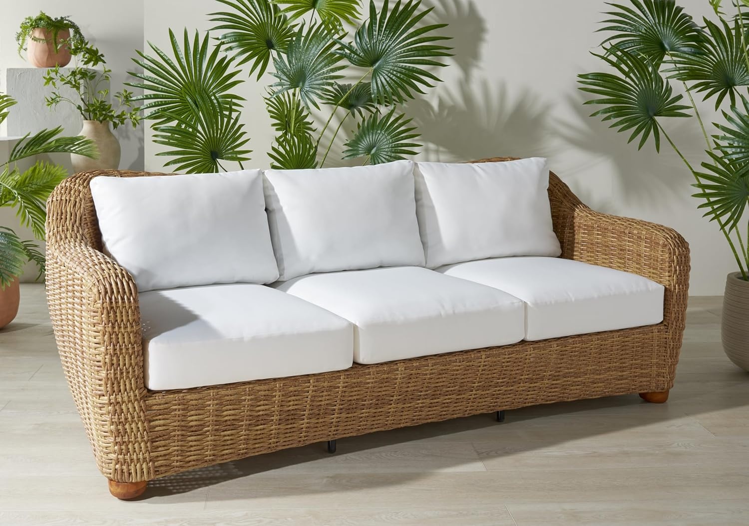 image:imageSAFAVIEH Couture Outdoor Collection Melbourne NaturalWhite Cushion Wicker Sofa