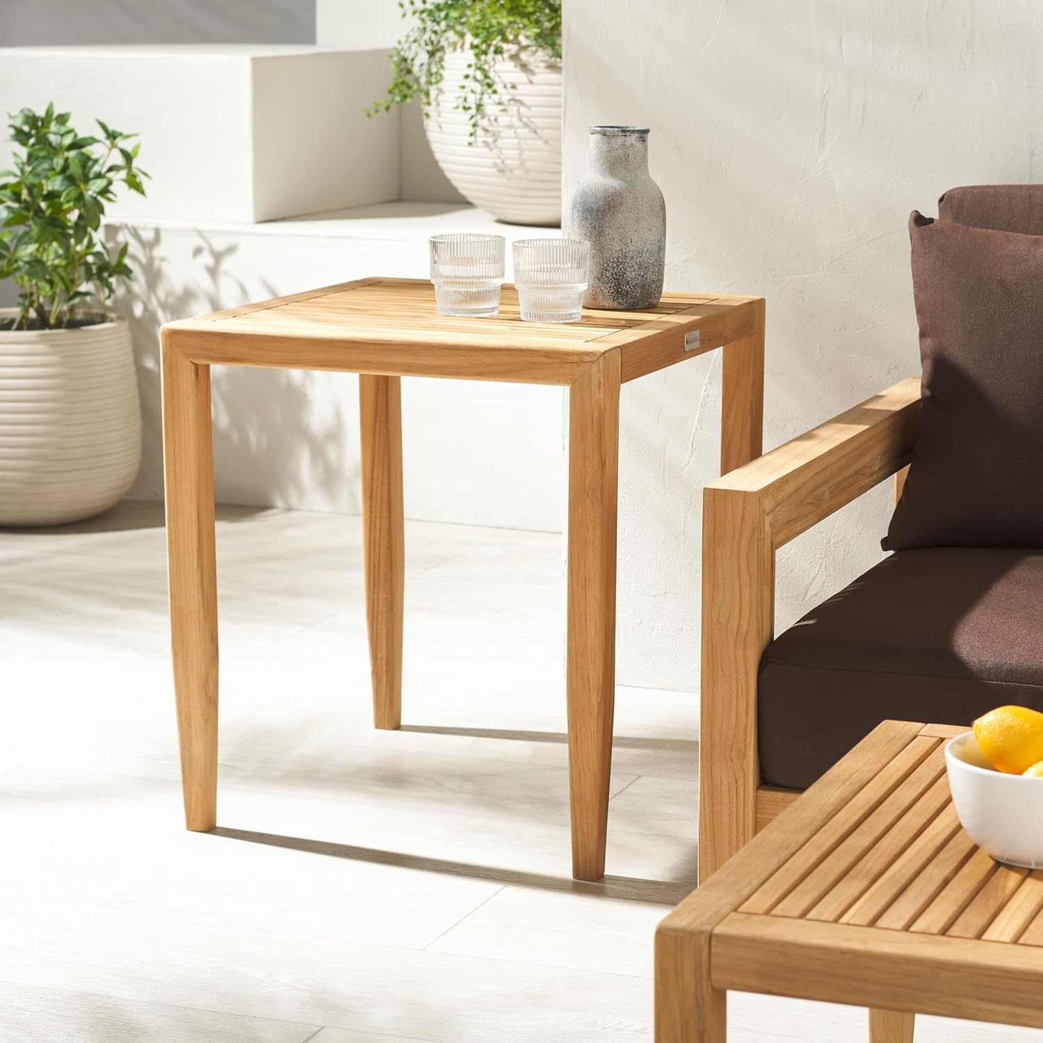 image:imageSAFAVIEH Couture Outdoor Collection Samoa Natural Brown Brazilian Teak Solid Wood Patio Accent Table