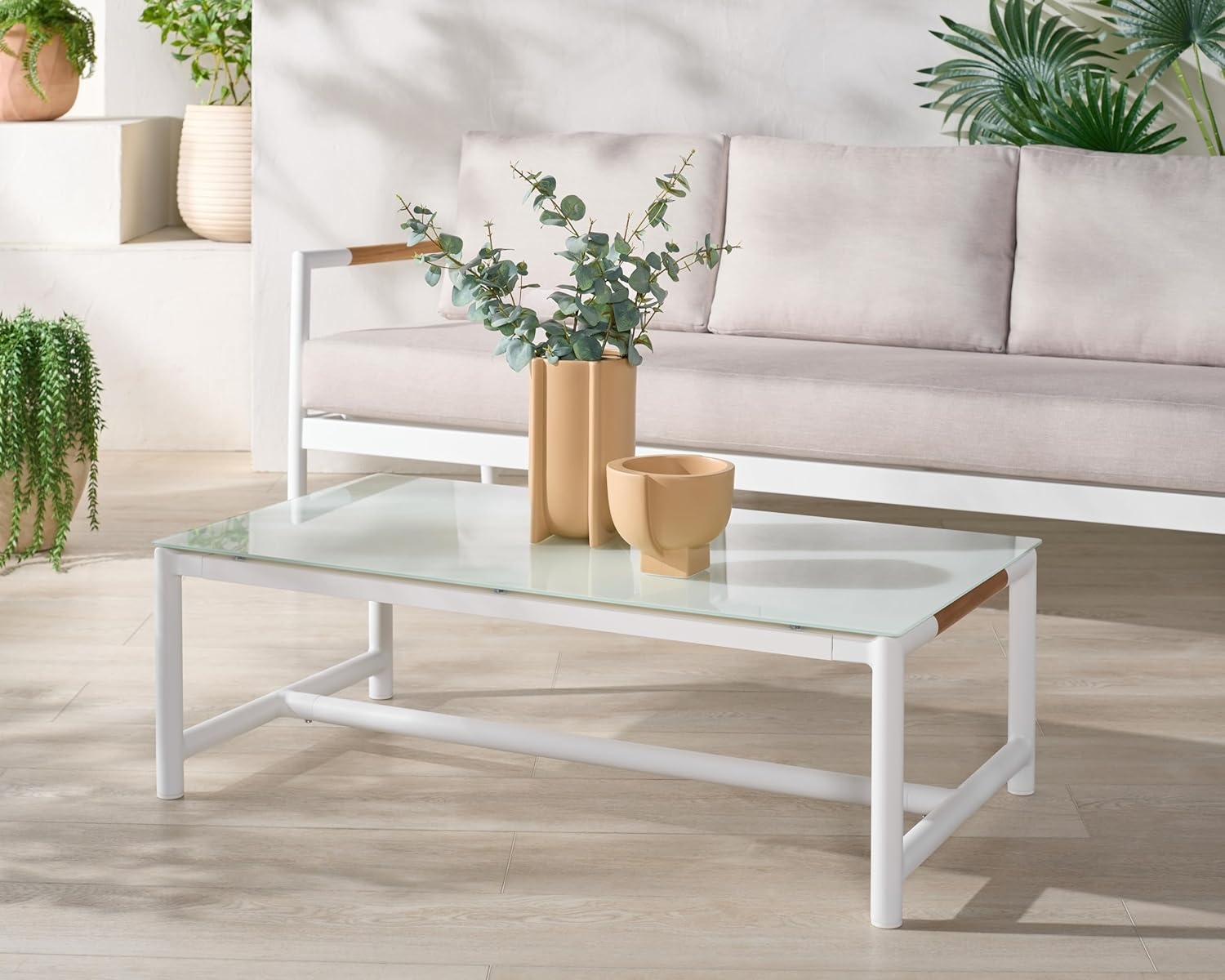 image:imageSAFAVIEH Couture Outdoor Patio Furniture Collection Chryssa Rectangular Coffee Table White Aluminum Frame with Glass Top CPT4009AWhite