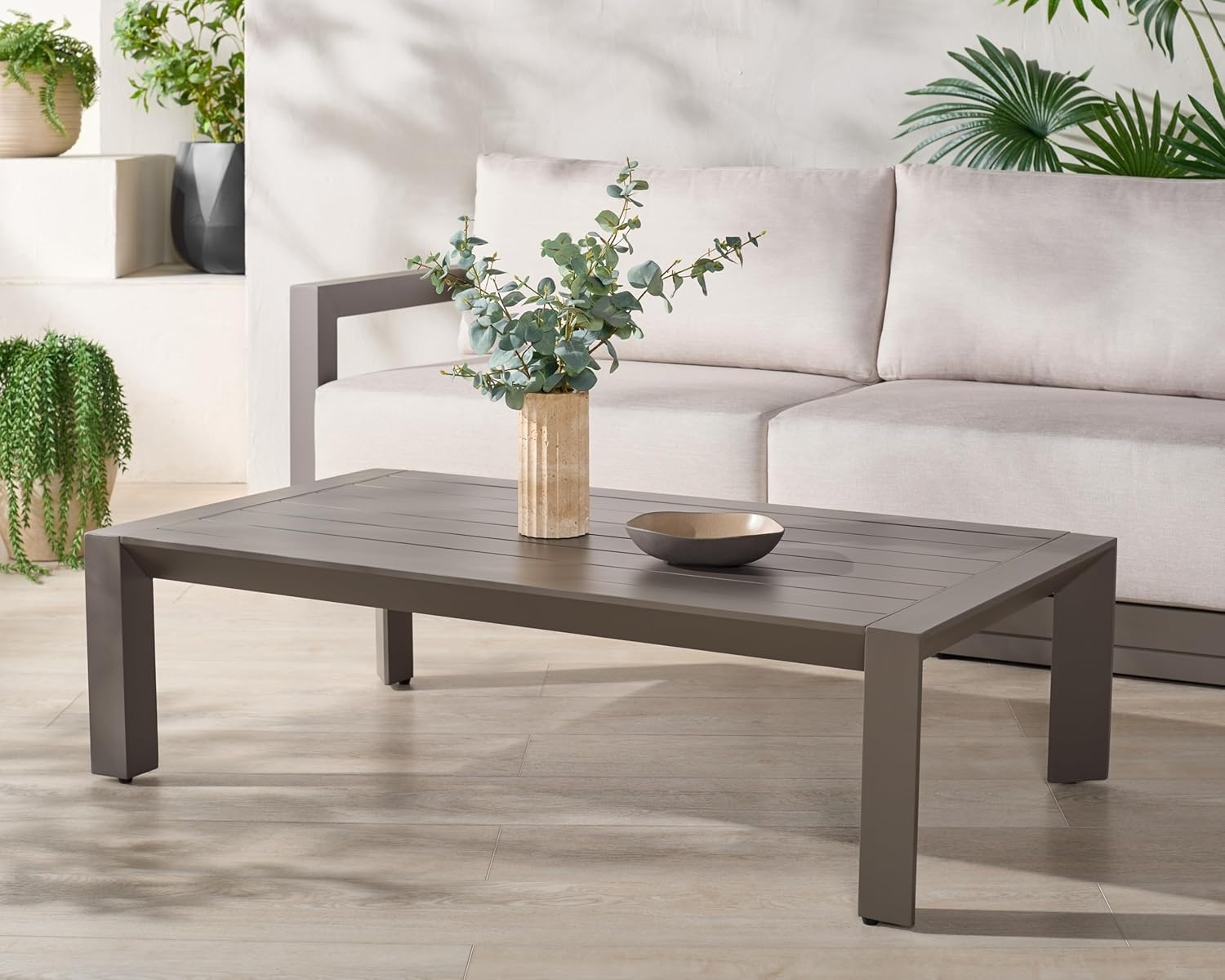 image:imageSAFAVIEH Couture Outdoor Patio Furniture Collection Donaldo Rectangular Coffee Table Dark Grey Aluminum Frame with Slatted Top CPT4012ADark Grey