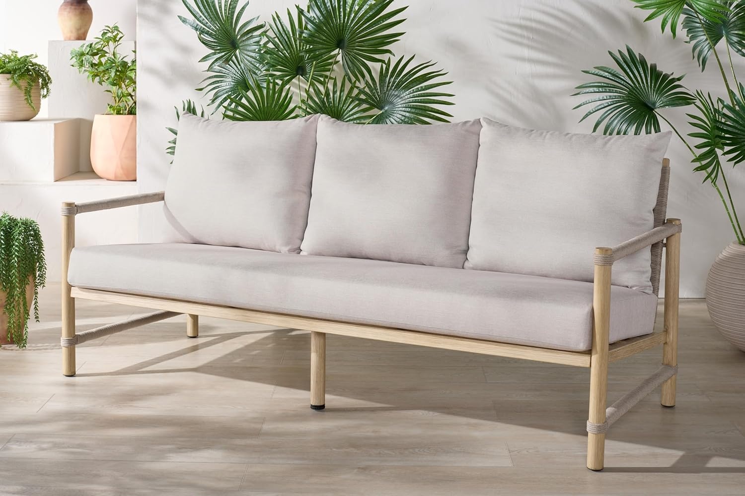 image:imageSAFAVIEH Couture Outdoor Patio Furniture Collection Dorianna 3Seater Sofa Sand amp Beige Woven Rope and Removable Cushions CPT4005ASandBeige
