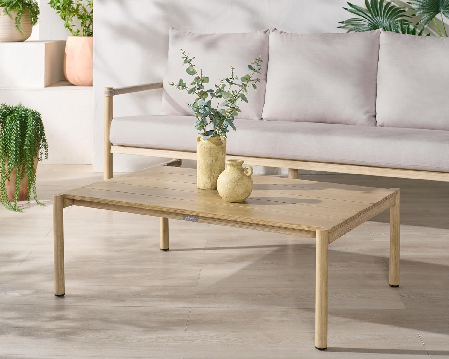image:imageSAFAVIEH Couture Outdoor Patio Furniture Collection Dorianna Rectangular Coffee Table Sand Wood Slatted Top CPT4006ASand