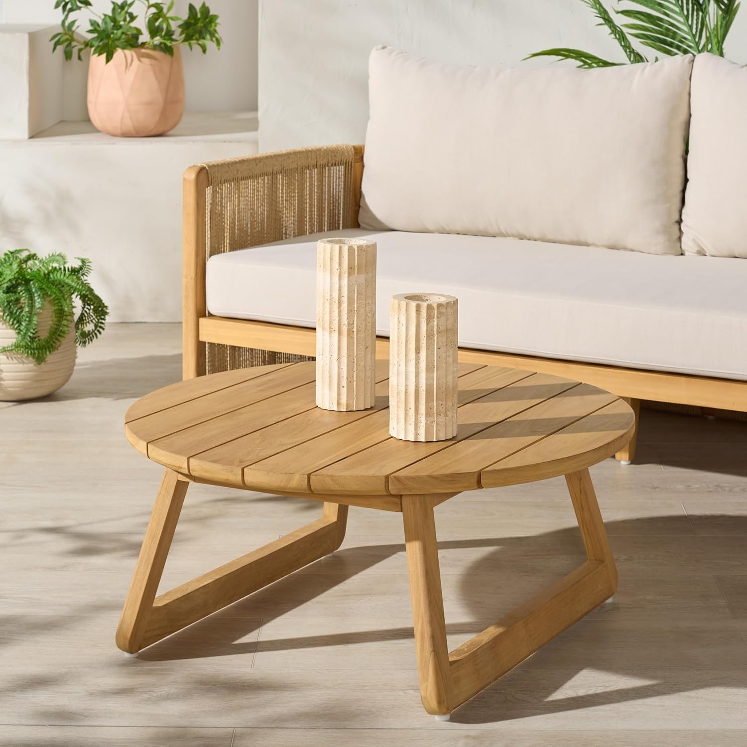 image:imageSAFAVIEH Couture Outdoor Patio Furniture Collection Gale Teak Solid Wood Round Slatted Top Coffee Table CPT2012ANatural