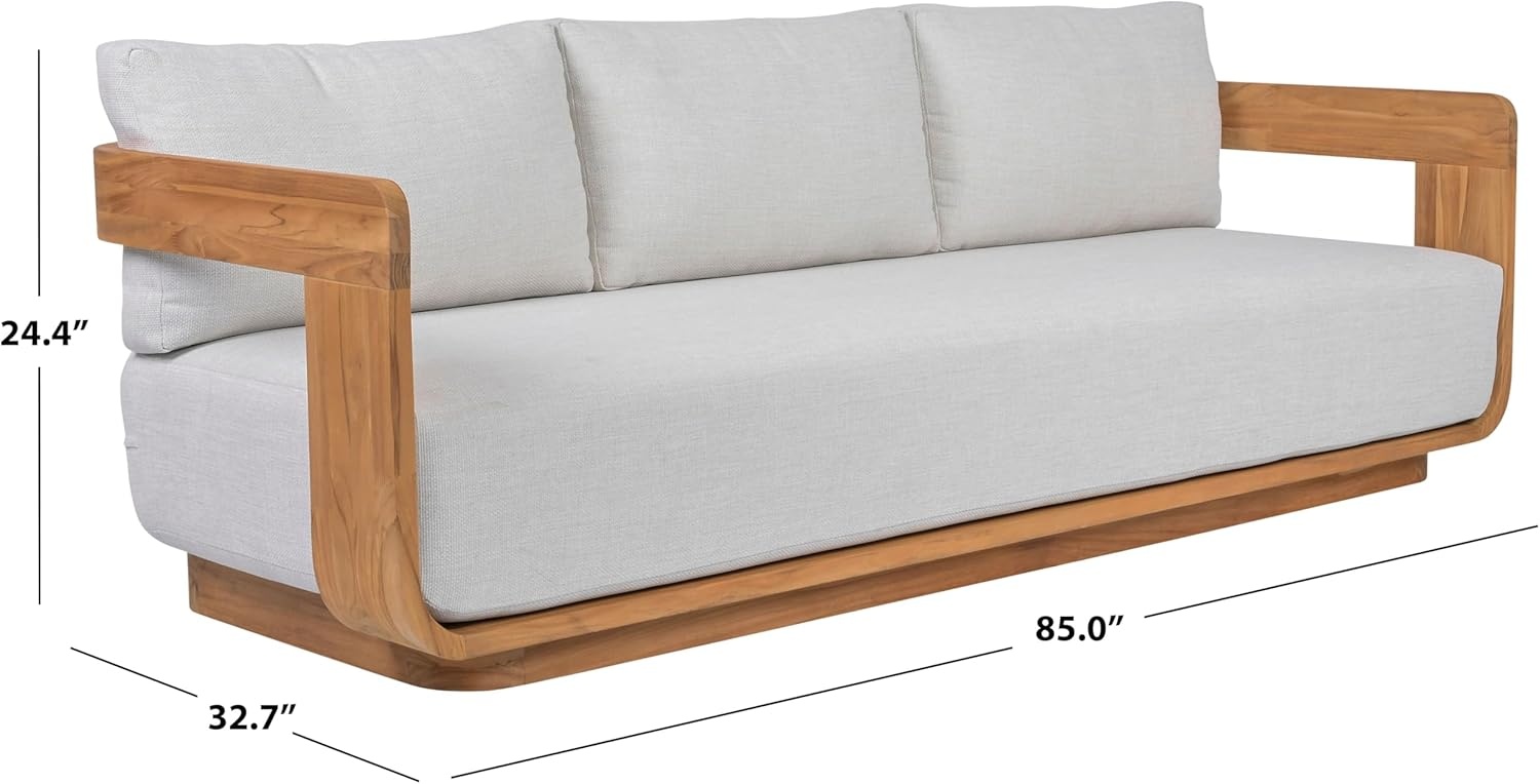 image:imageSAFAVIEH Couture Outdoor Patio Furniture Collection Leilani Natural Teak Patio Sofa Outdoor Sofa with White Cushions CPT1082AWhiteNatural Teak