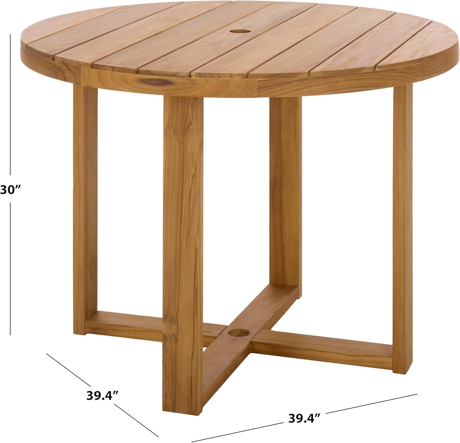 image:imageSAFAVIEH Couture Outdoor Patio Furniture Collection Mayaguana Teak Solid Wood Round Dining Table Slatted Top with Umbrella Hole Modern Outdoor Design CPT1061Natural