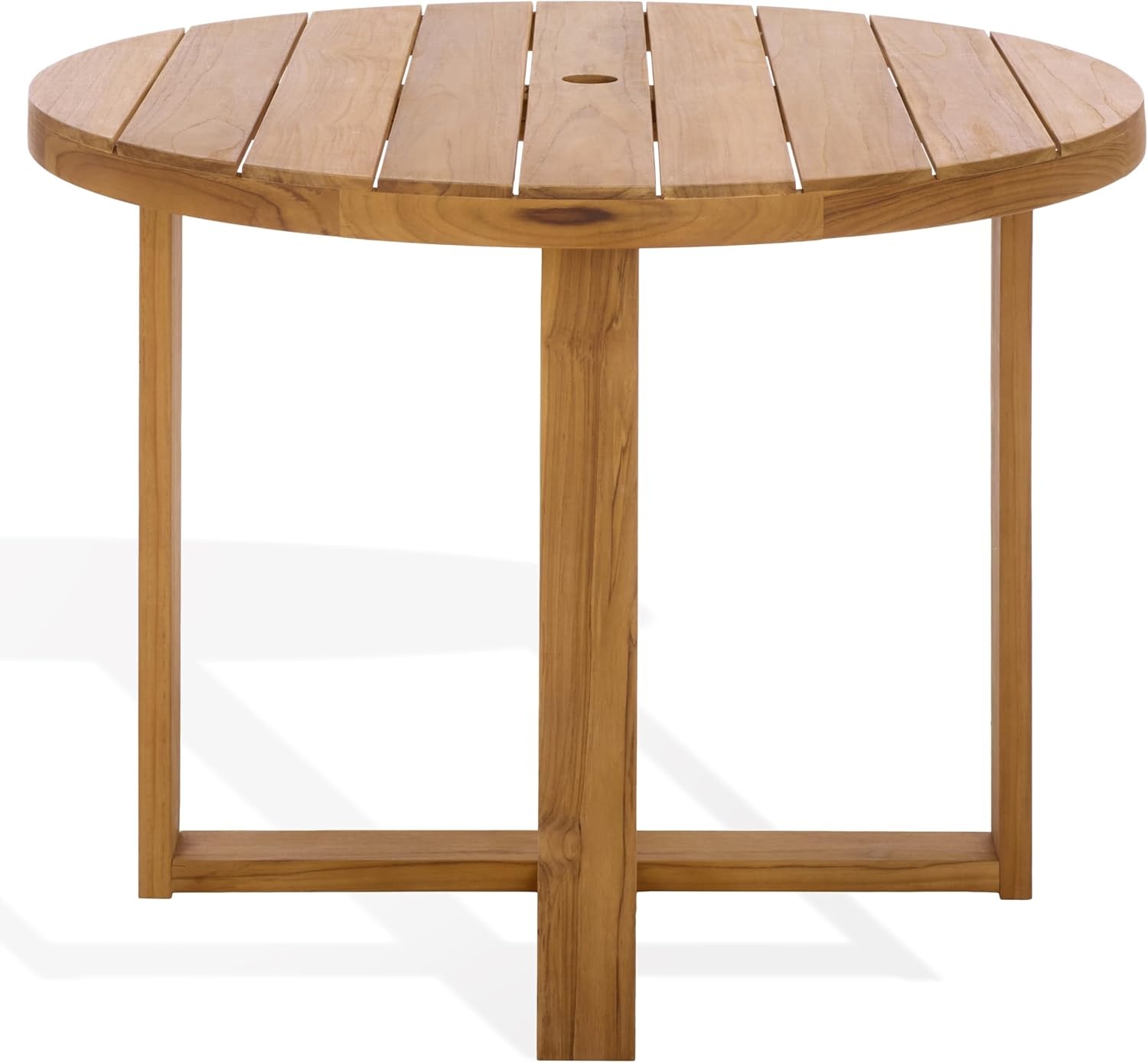 image:imageSAFAVIEH Couture Outdoor Patio Furniture Collection Mayaguana Teak Solid Wood Round Dining Table Slatted Top with Umbrella Hole Modern Outdoor Design CPT1061Natural