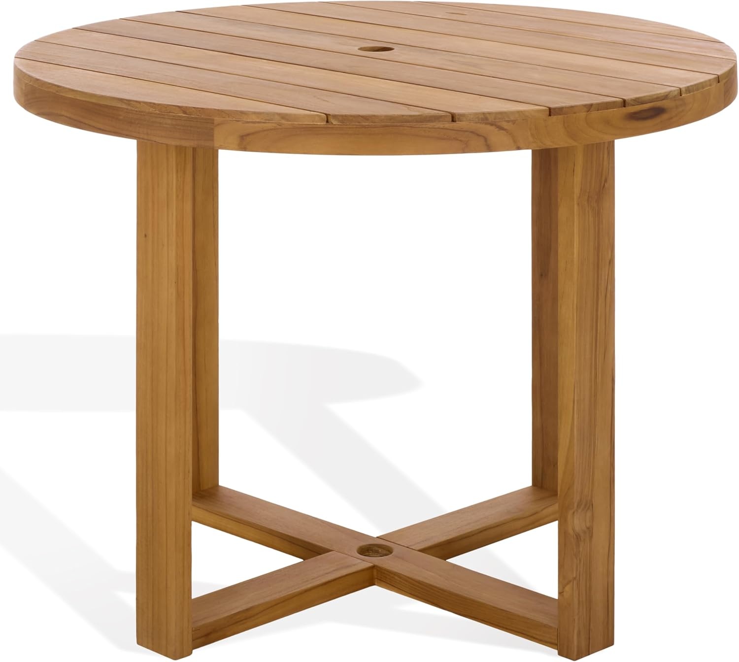 image:imageSAFAVIEH Couture Outdoor Patio Furniture Collection Mayaguana Teak Solid Wood Round Dining Table Slatted Top with Umbrella Hole Modern Outdoor Design CPT1061Natural