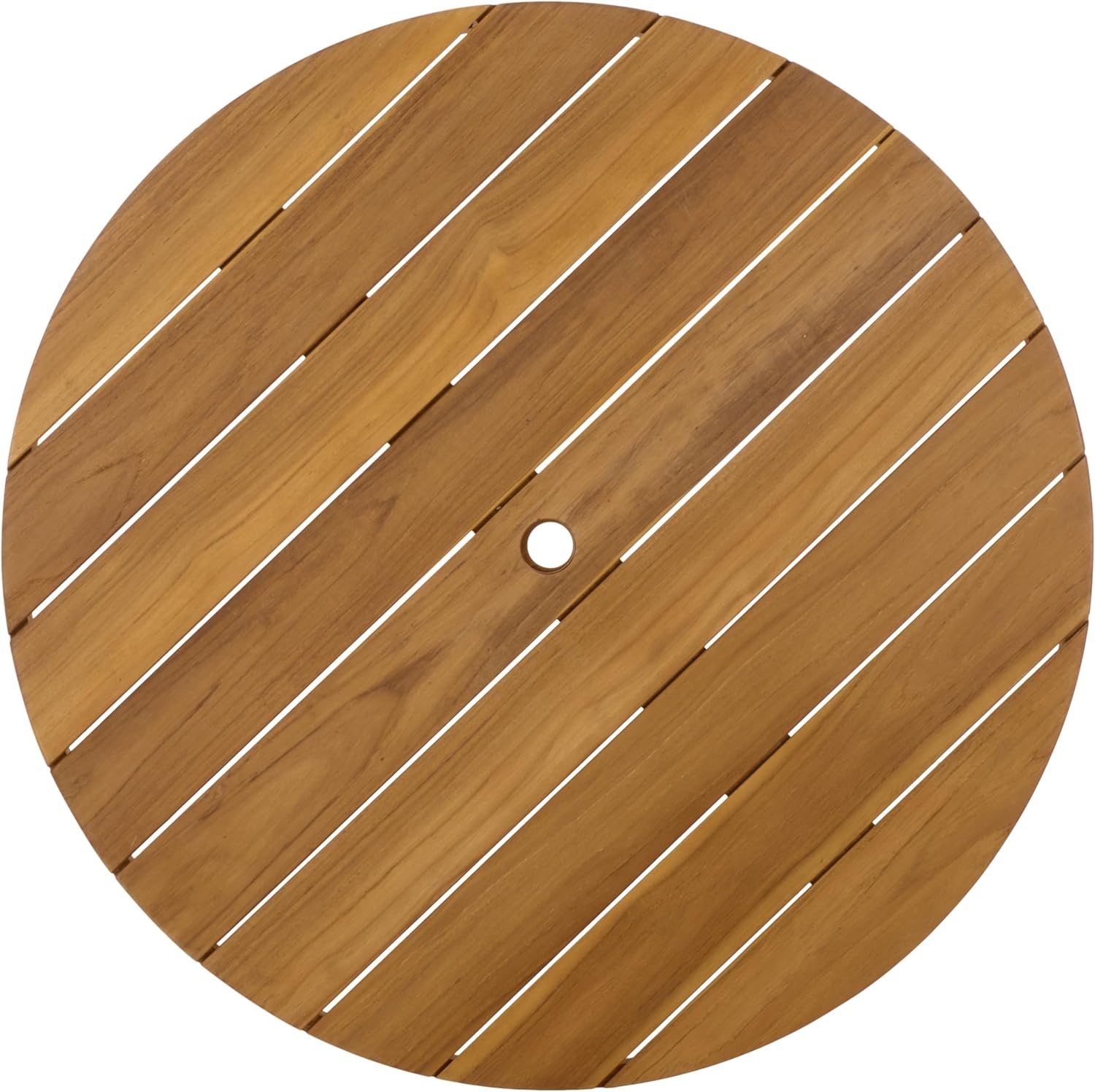 image:imageSAFAVIEH Couture Outdoor Patio Furniture Collection Mayaguana Teak Solid Wood Round Dining Table Slatted Top with Umbrella Hole Modern Outdoor Design CPT1061Natural