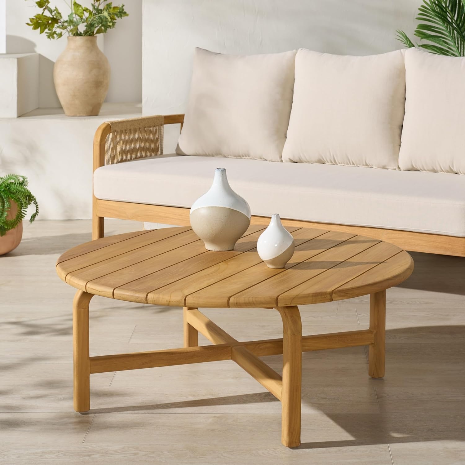 image:imageSAFAVIEH Couture Outdoor Patio Furniture Collection Rogers Natural Teak Solid Wood Round Slatted Coffee Table Modern Outdoor Living CPT2015Natural