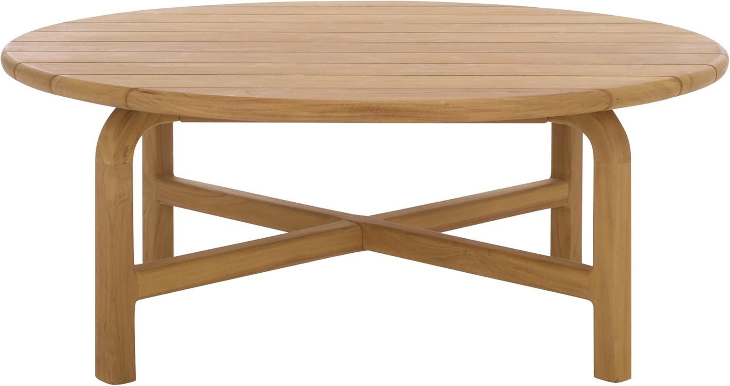 image:imageSAFAVIEH Couture Outdoor Patio Furniture Collection Rogers Natural Teak Solid Wood Round Slatted Coffee Table Modern Outdoor Living CPT2015Natural