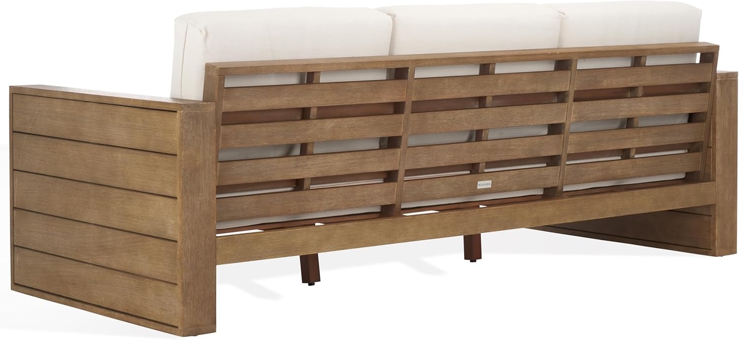 image:imageSAFAVIEH Couture Outdoor Patio Furniture Collection Santiago Natural Eucalyptus Patio Sofa with Beige Cushions Modern Seating CPT1051ANaturalBeige