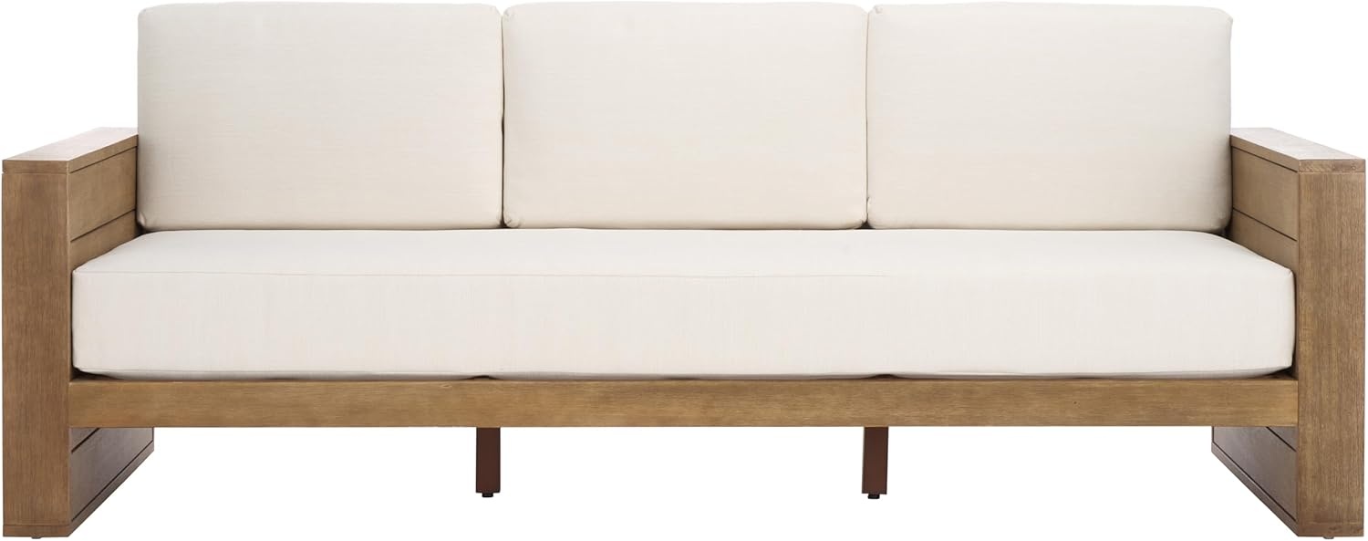 image:imageSAFAVIEH Couture Outdoor Patio Furniture Collection Santiago Natural Eucalyptus Patio Sofa with Beige Cushions Modern Seating CPT1051ANaturalBeige