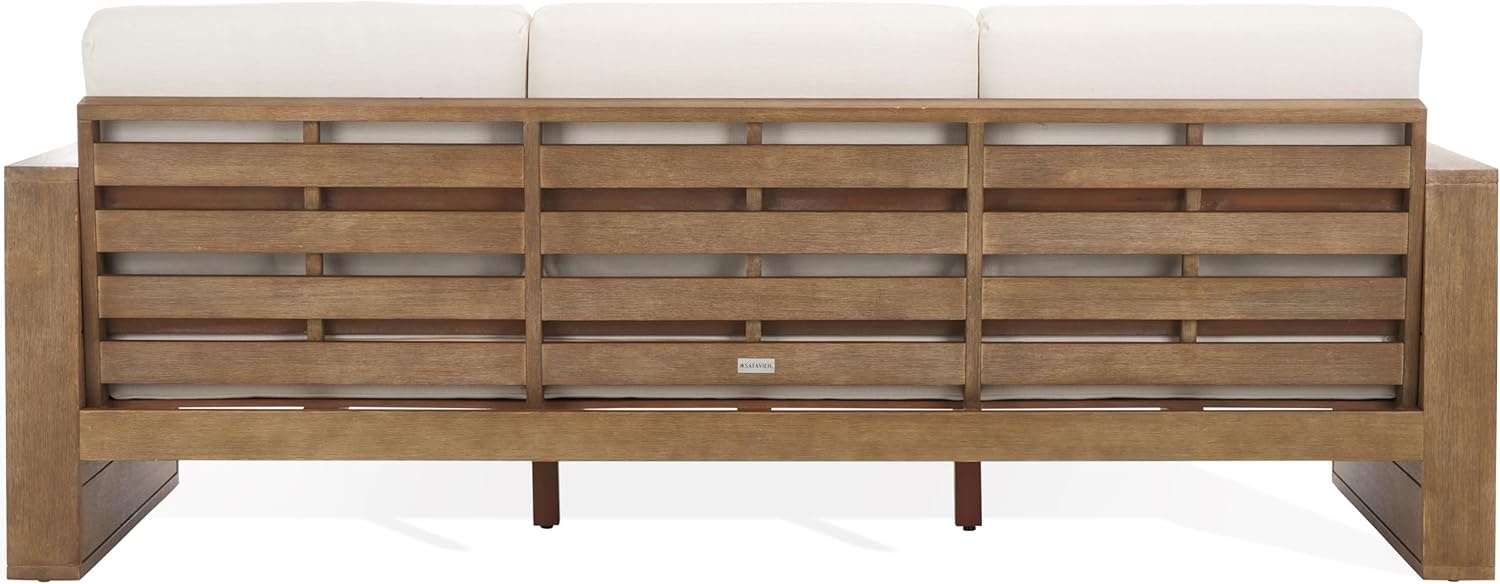 image:imageSAFAVIEH Couture Outdoor Patio Furniture Collection Santiago Natural Eucalyptus Patio Sofa with Beige Cushions Modern Seating CPT1051ANaturalBeige